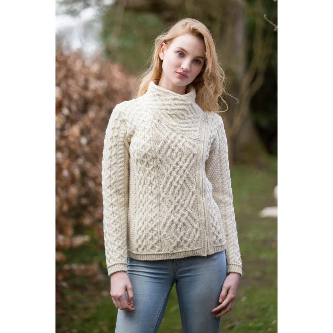 100% Merino Wool Cable Knit Cardigan With Side Zip Natural