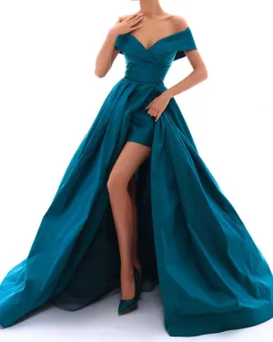 2018 Hunter Green Elastic Satin Prom Dresses Split Long Prom Party Gowns Fashion