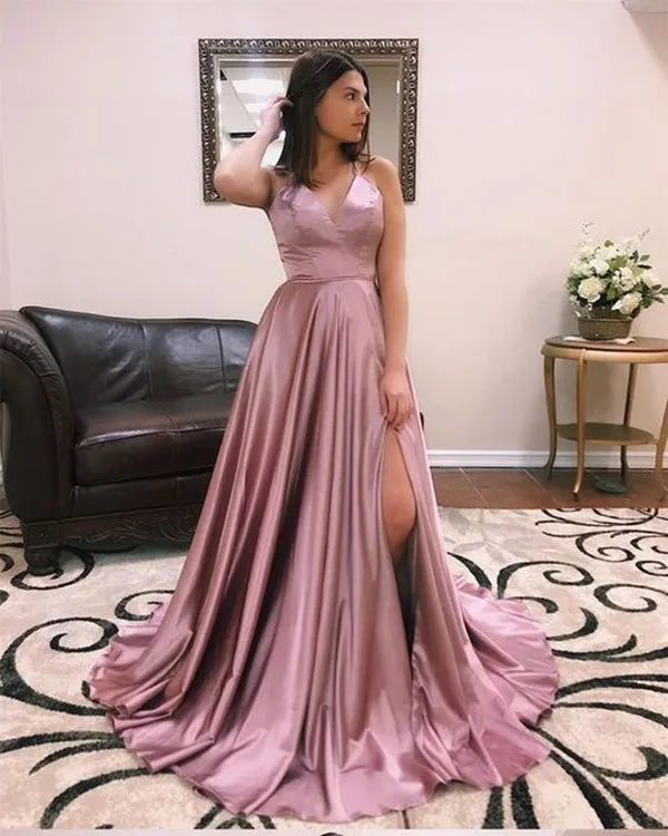 2019 Sexy Deep V-Neck Royal Blue Prom Dresses with Split Side Long Prom Party Gowns