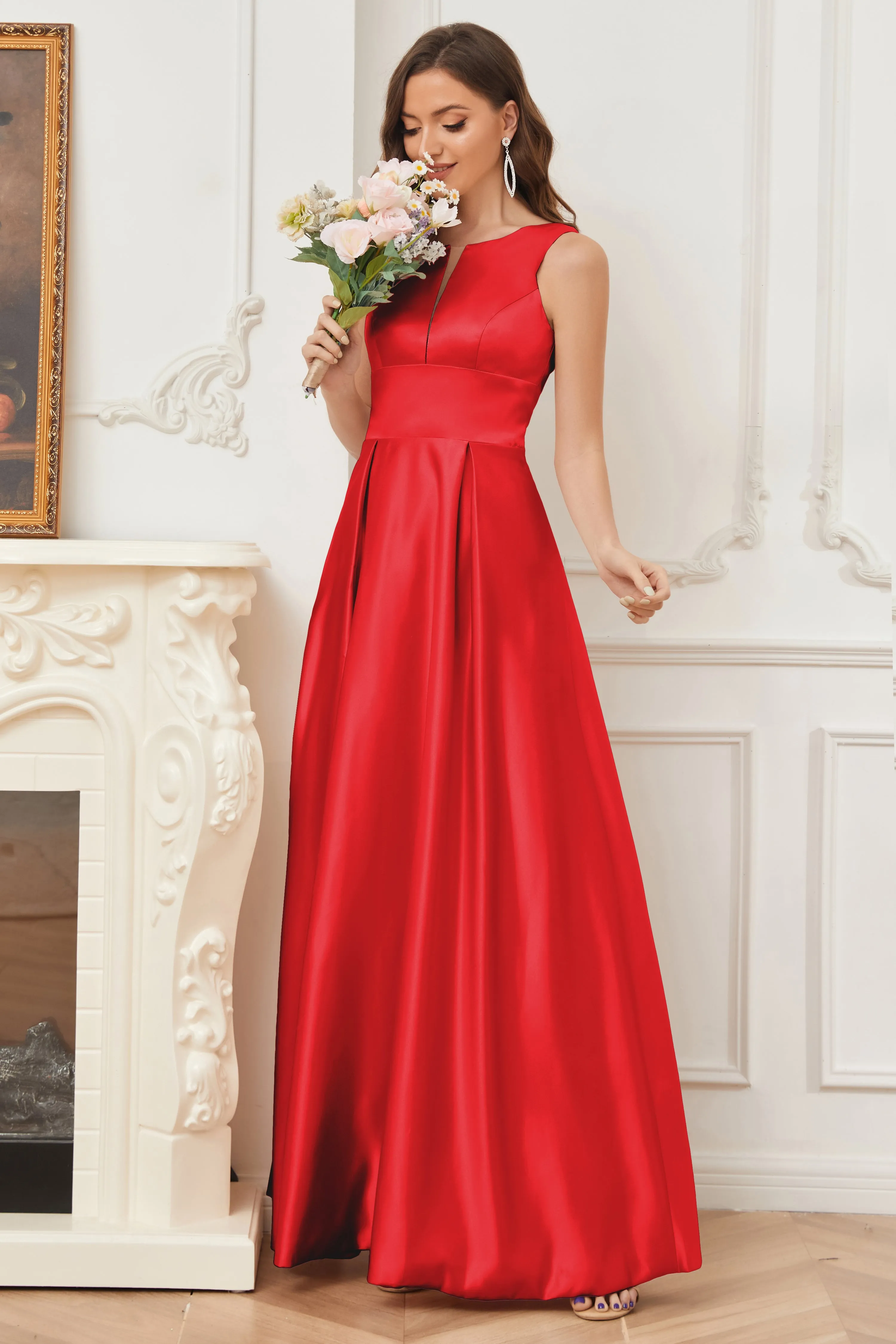A-line Sleeveless Satin Long Bridesmaid Dresses with Pockets