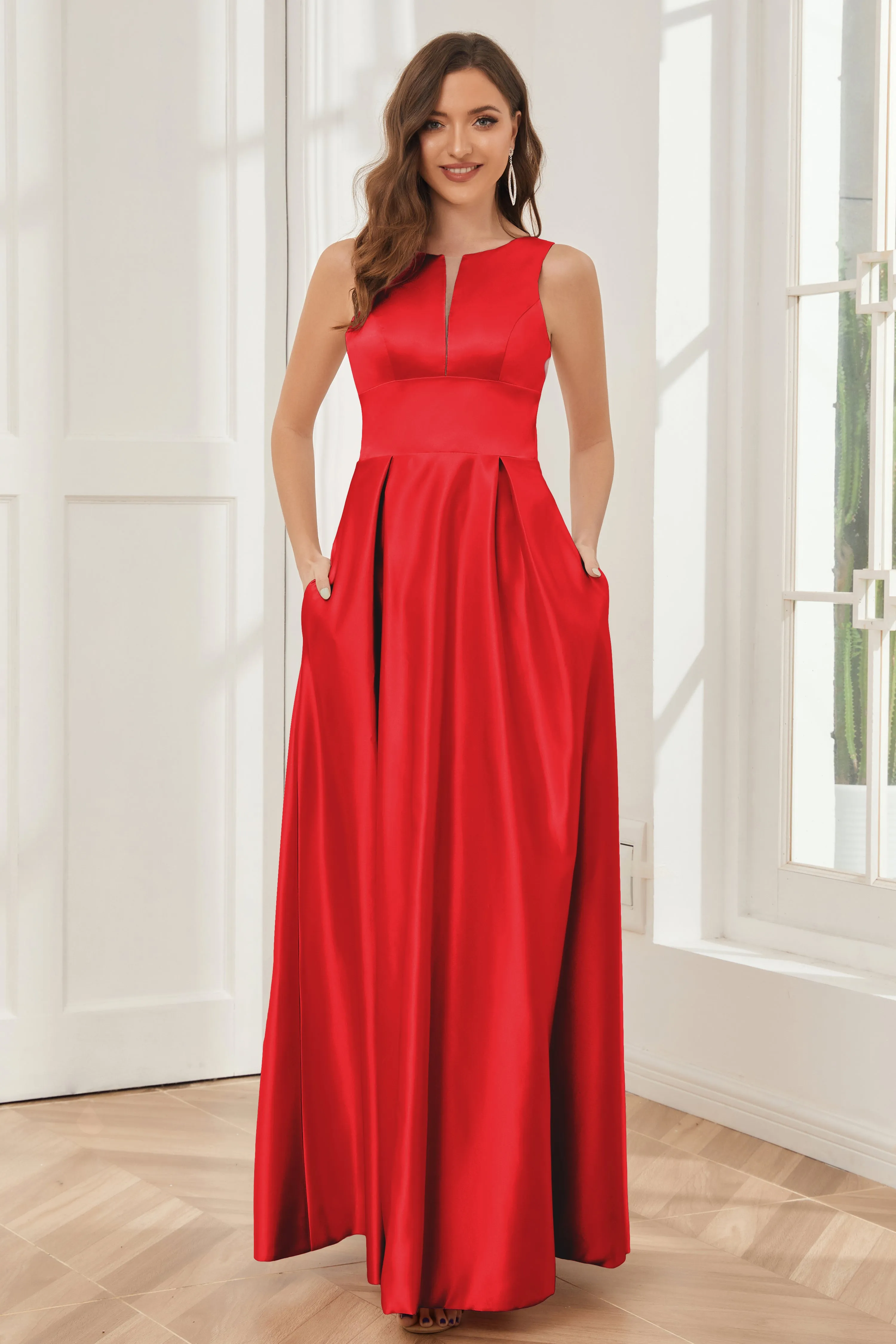 A-line Sleeveless Satin Long Bridesmaid Dresses with Pockets