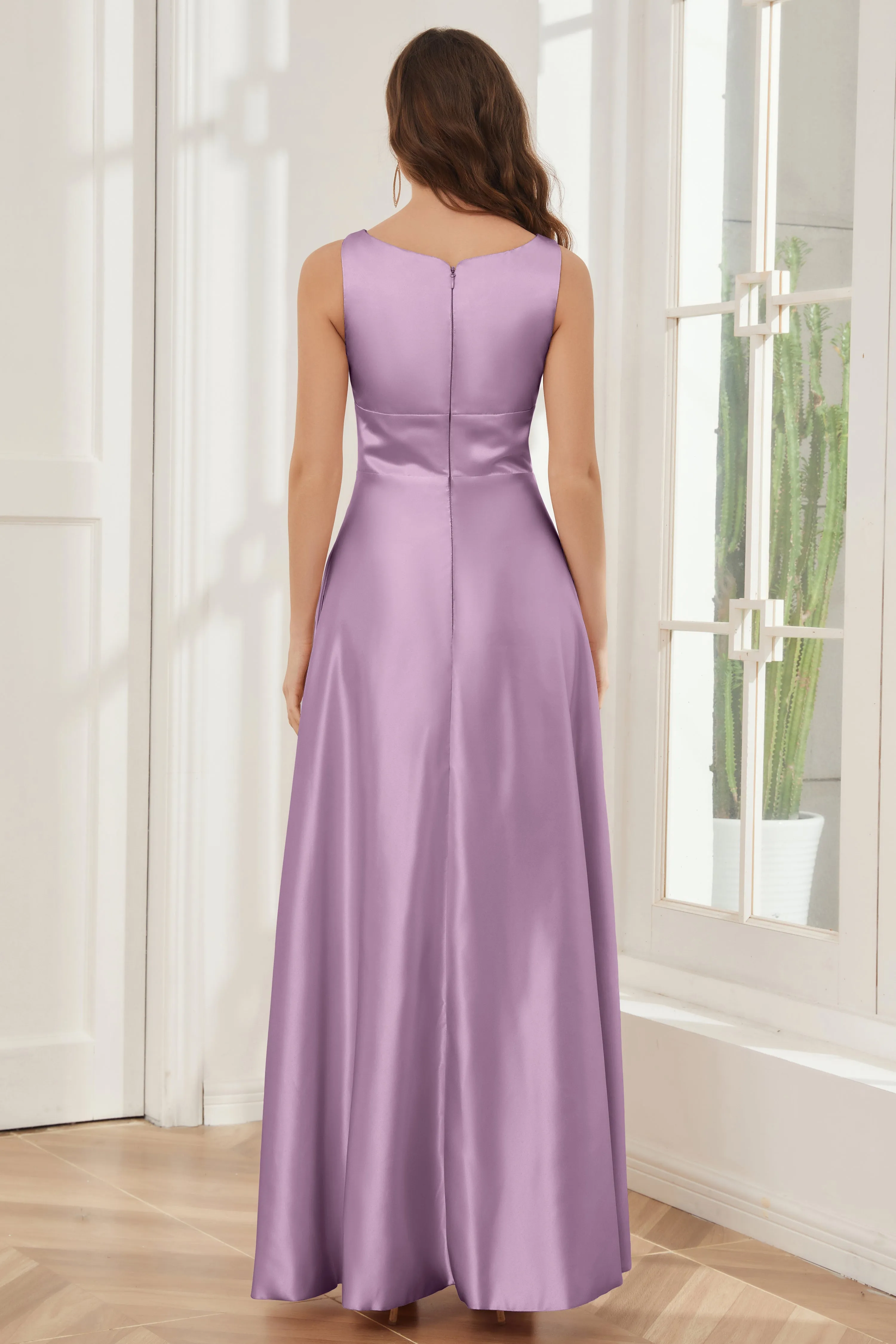 A-line Sleeveless Satin Long Bridesmaid Dresses with Pockets