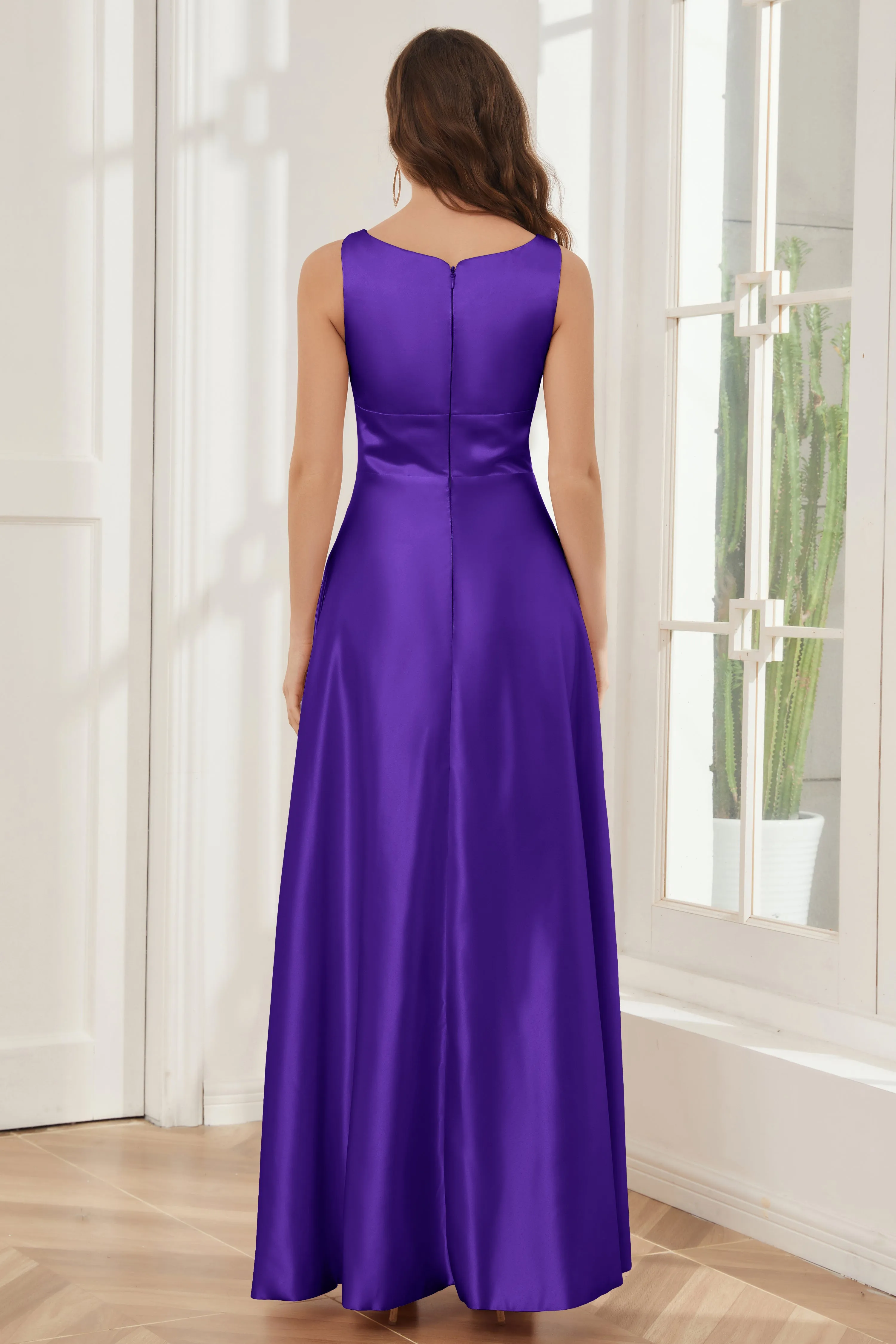 A-line Sleeveless Satin Long Bridesmaid Dresses with Pockets