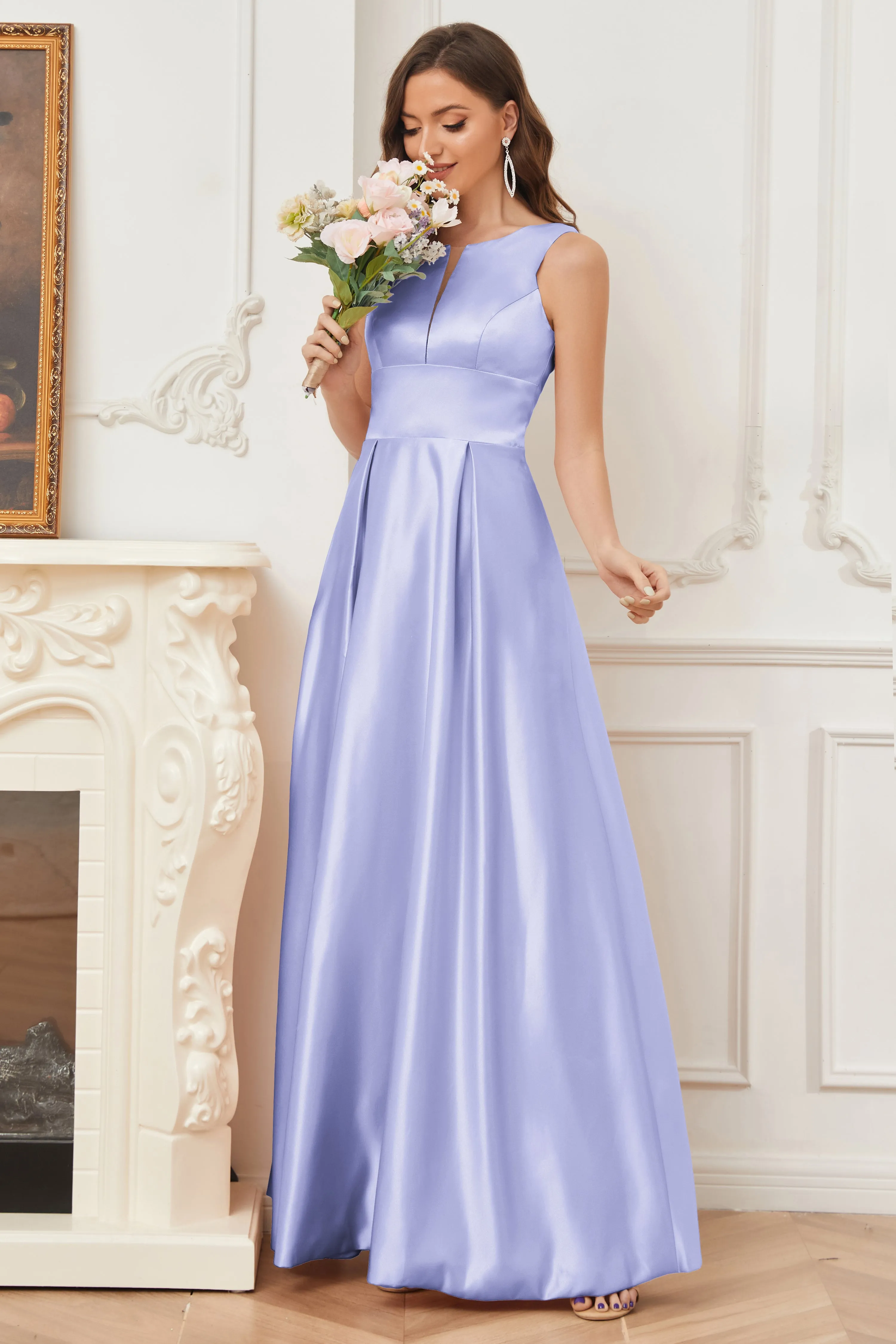 A-line Sleeveless Satin Long Bridesmaid Dresses with Pockets