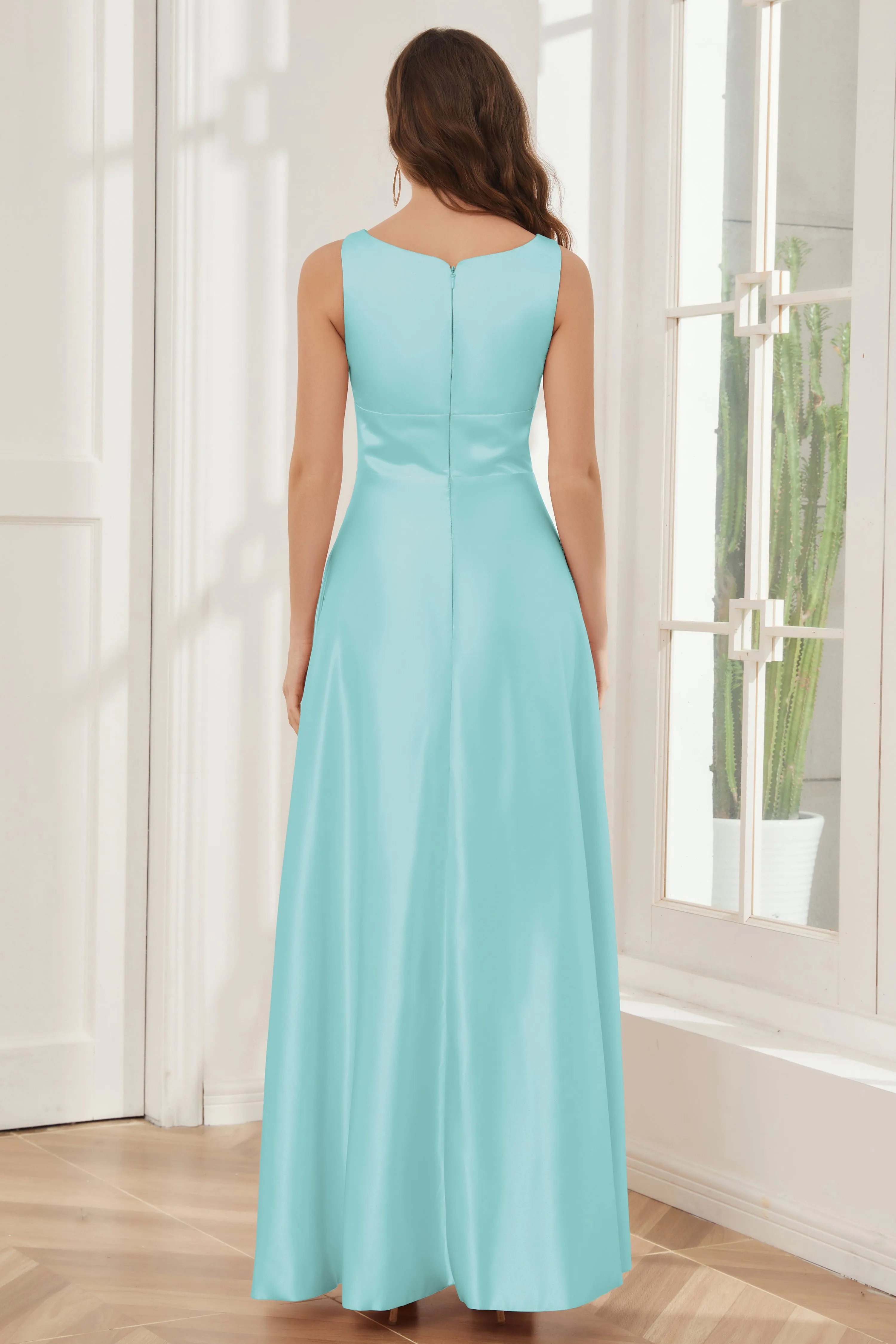A-line Sleeveless Satin Long Bridesmaid Dresses with Pockets
