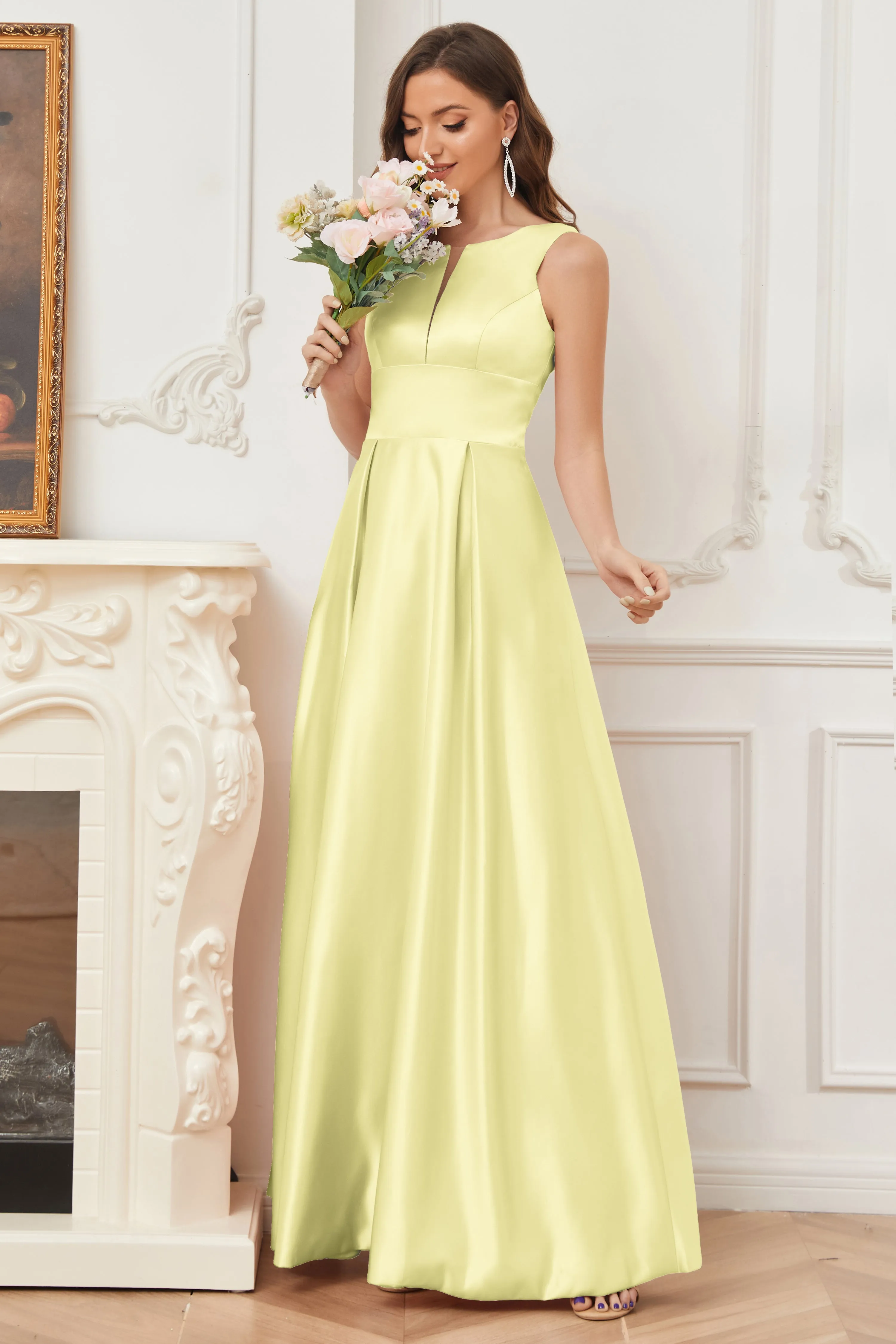 A-line Sleeveless Satin Long Bridesmaid Dresses with Pockets