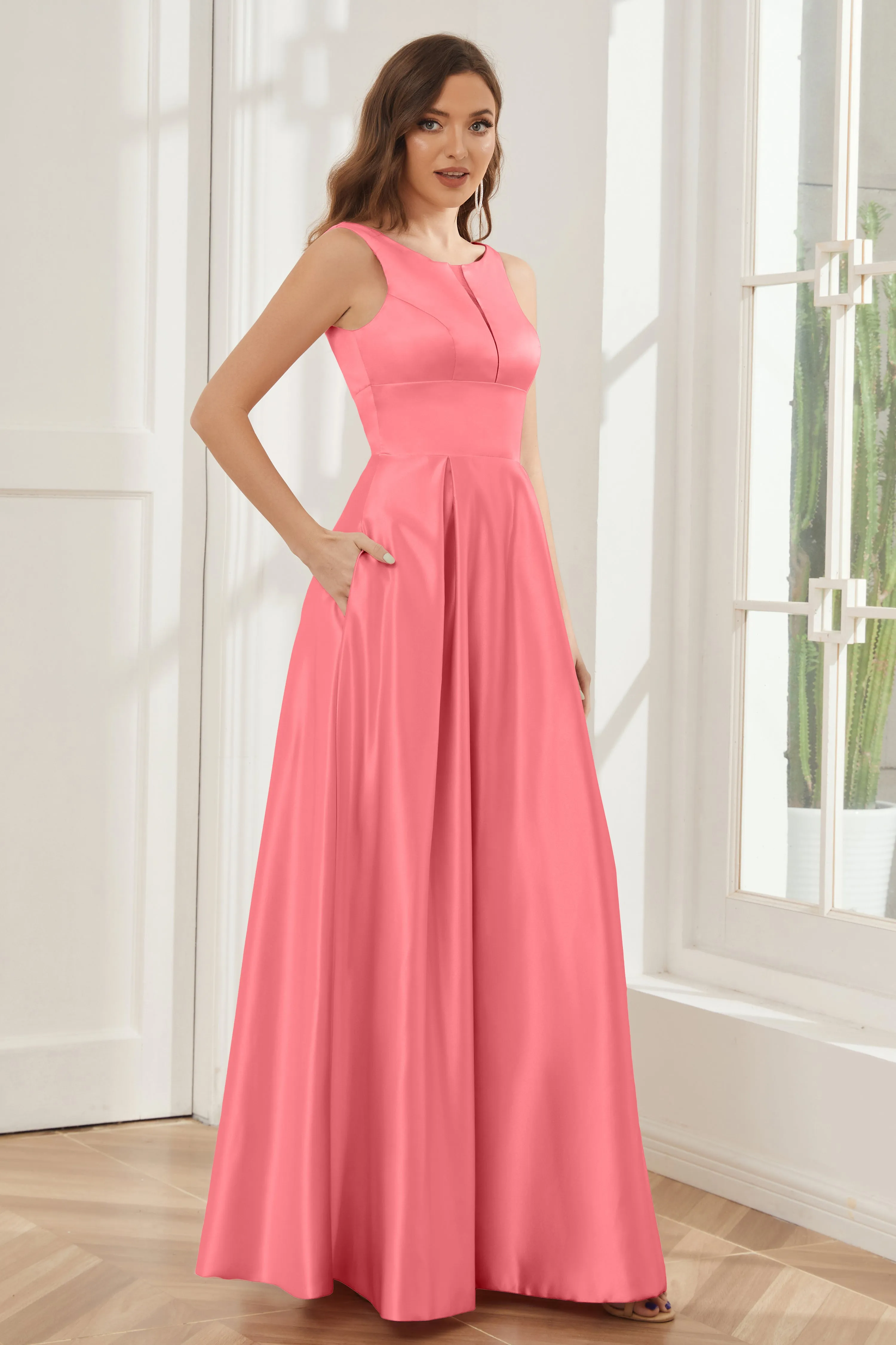 A-line Sleeveless Satin Long Bridesmaid Dresses with Pockets