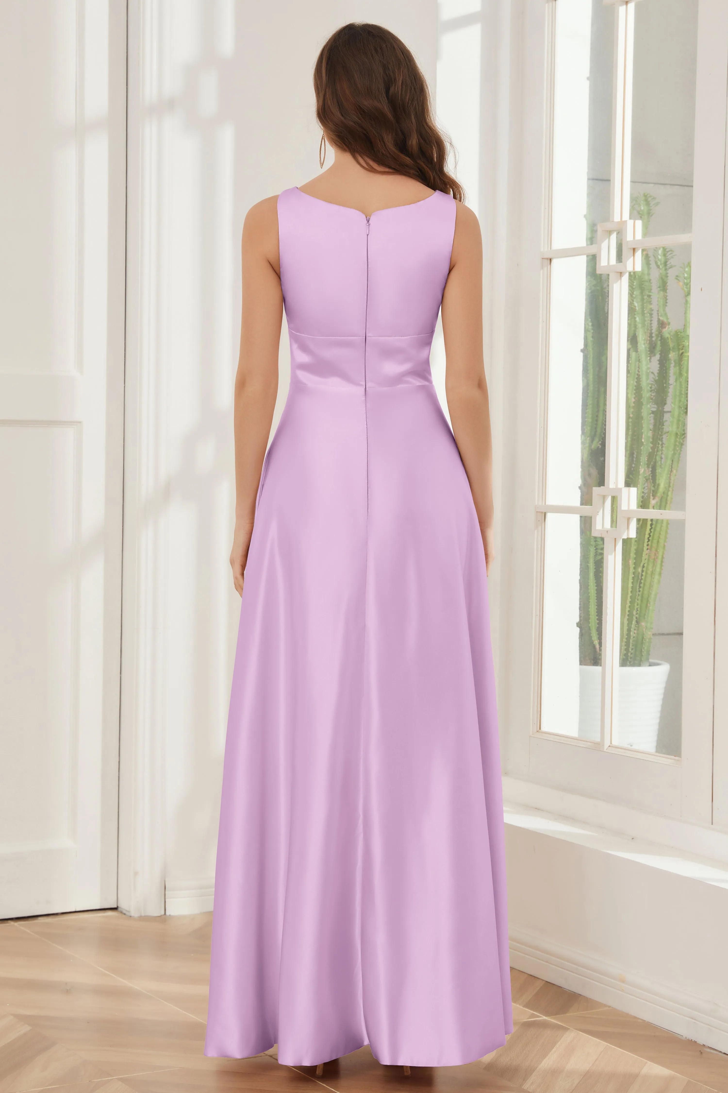 A-line Sleeveless Satin Long Bridesmaid Dresses with Pockets