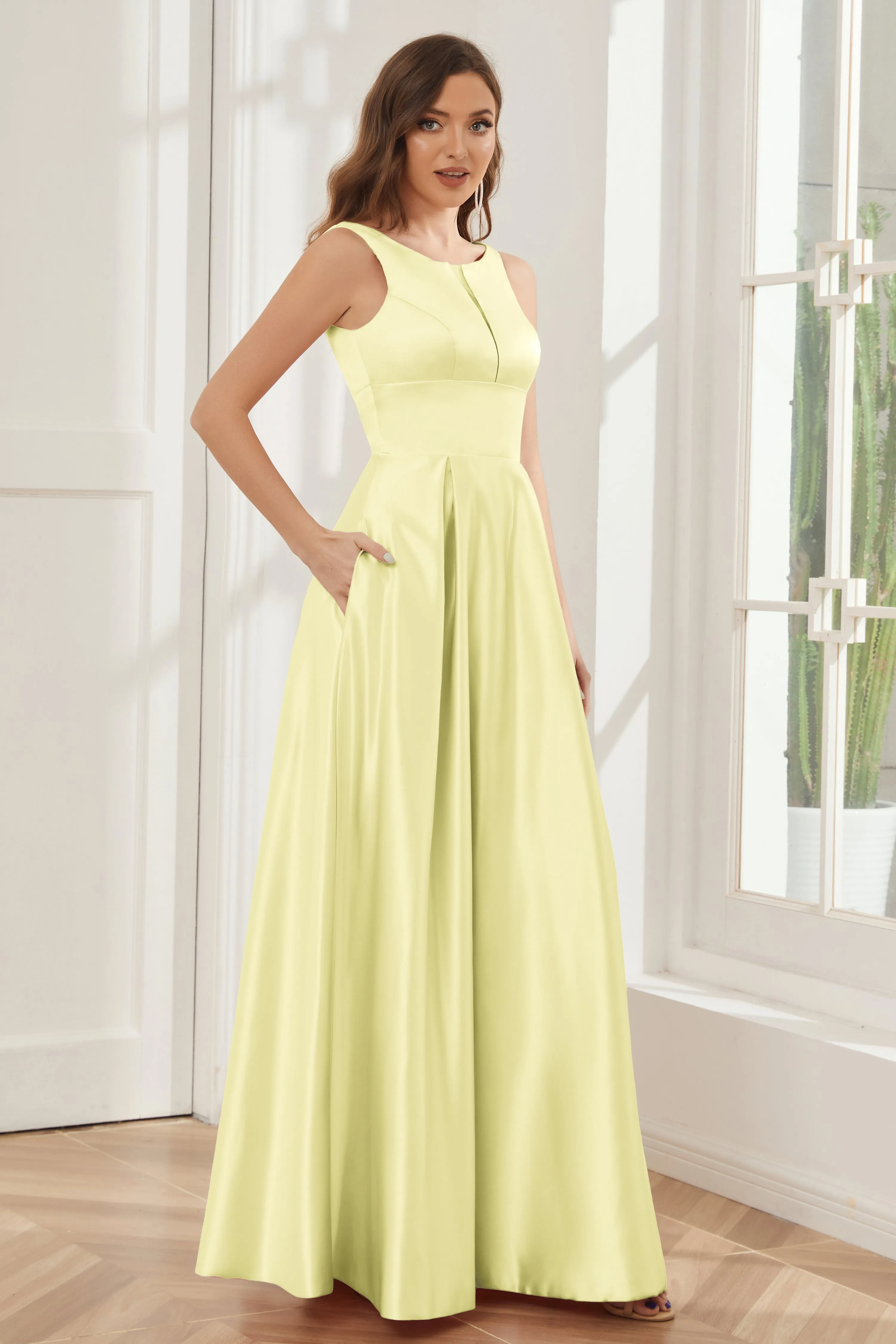 A-line Sleeveless Satin Long Bridesmaid Dresses with Pockets