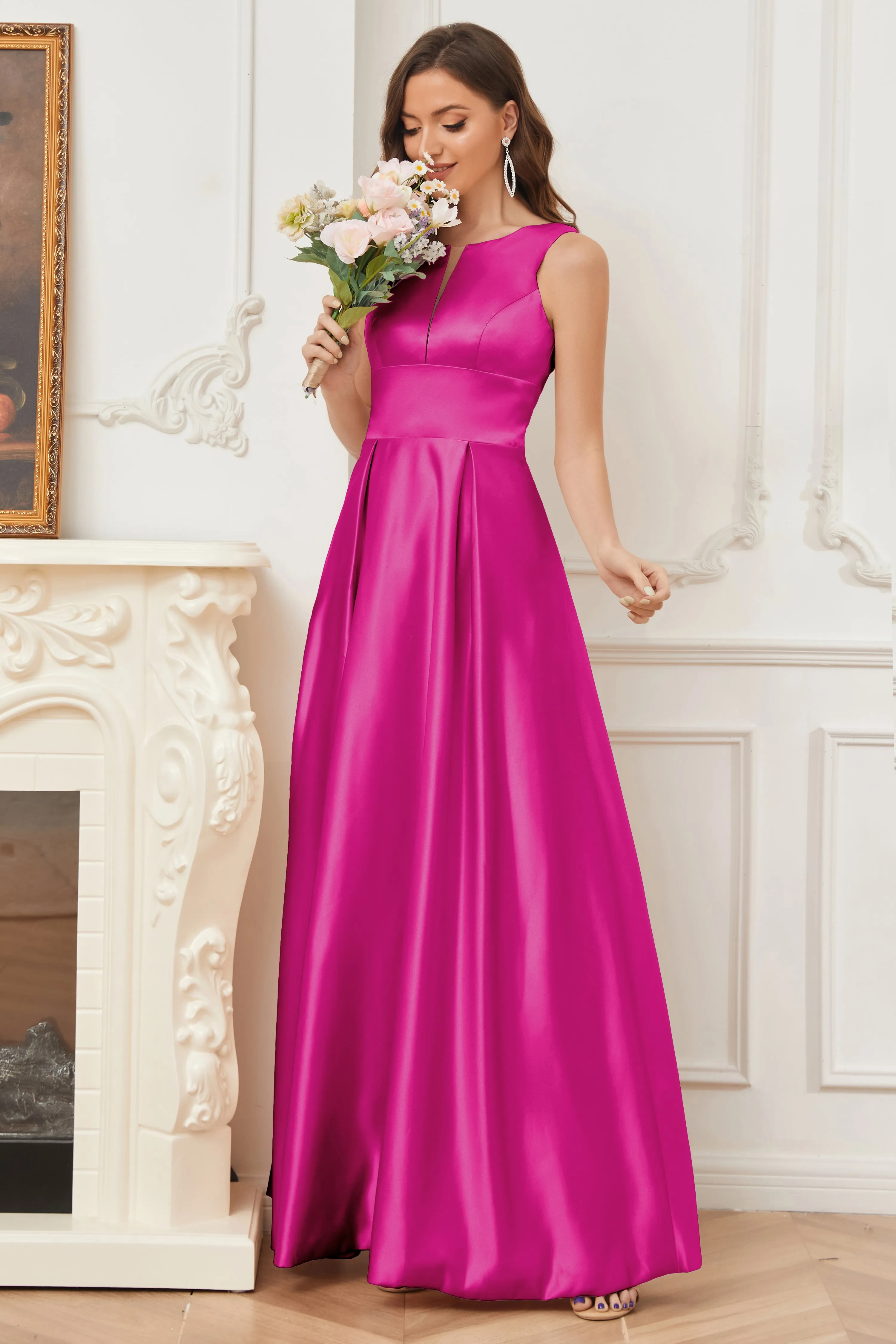 A-line Sleeveless Satin Long Bridesmaid Dresses with Pockets