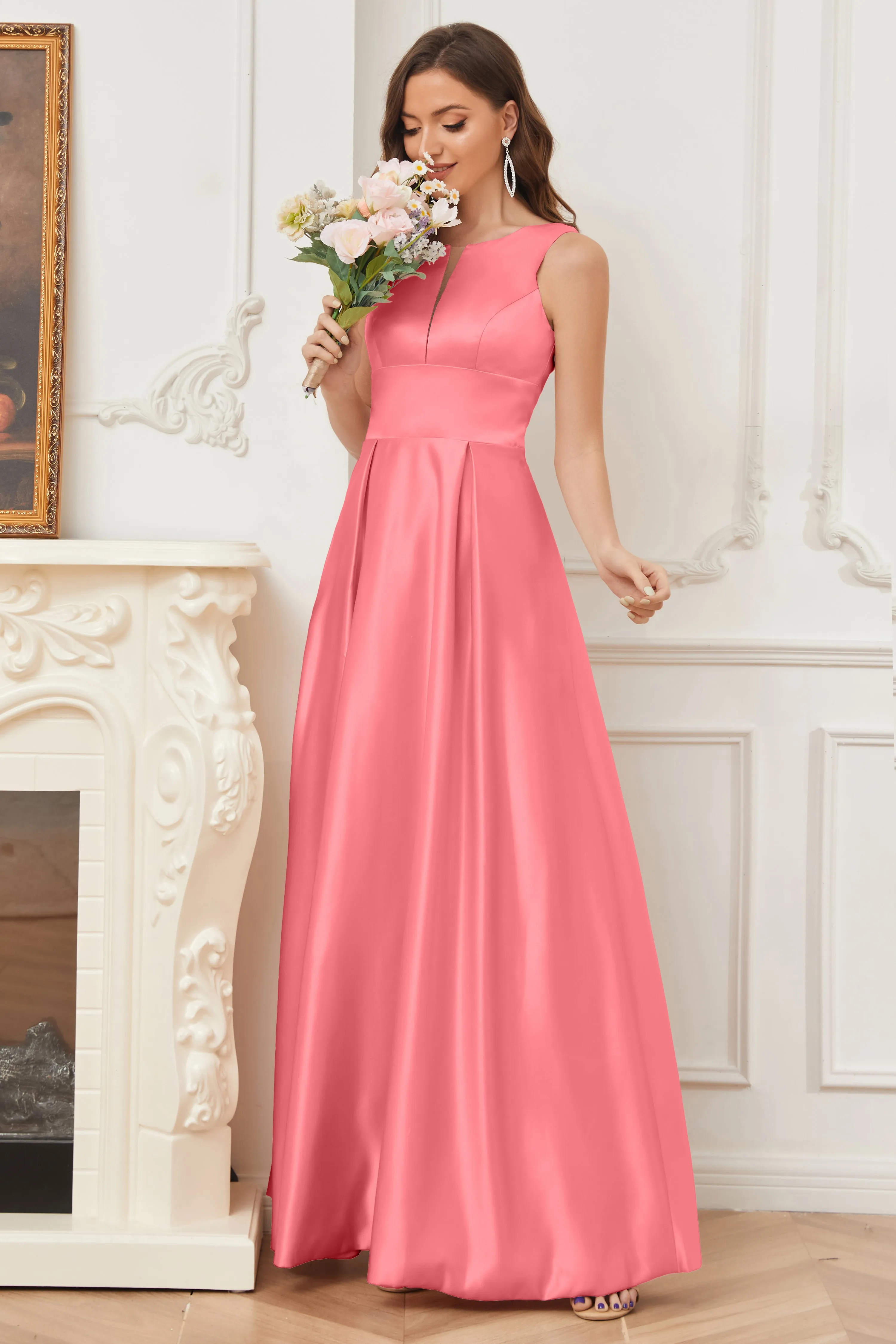 A-line Sleeveless Satin Long Bridesmaid Dresses with Pockets