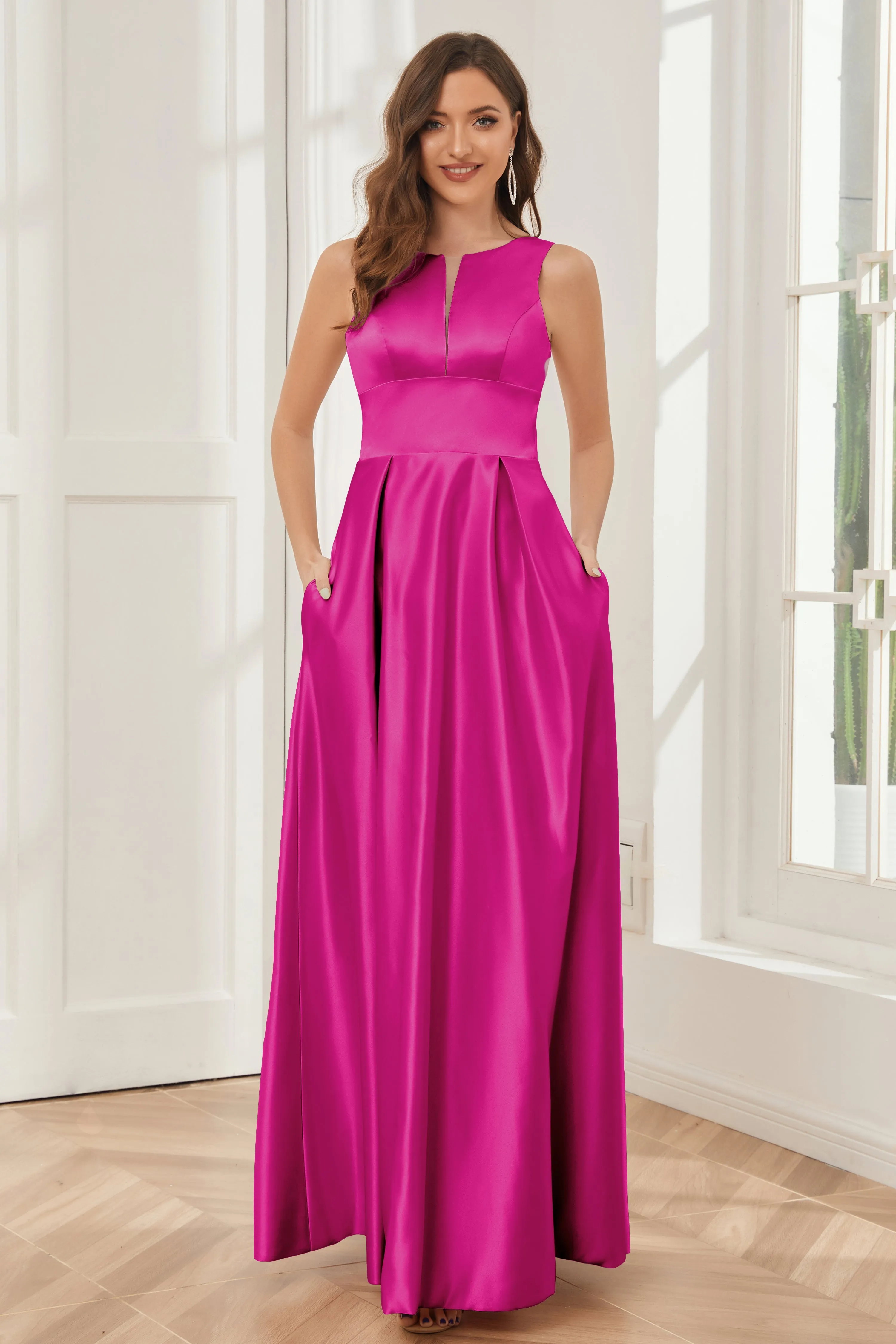 A-line Sleeveless Satin Long Bridesmaid Dresses with Pockets