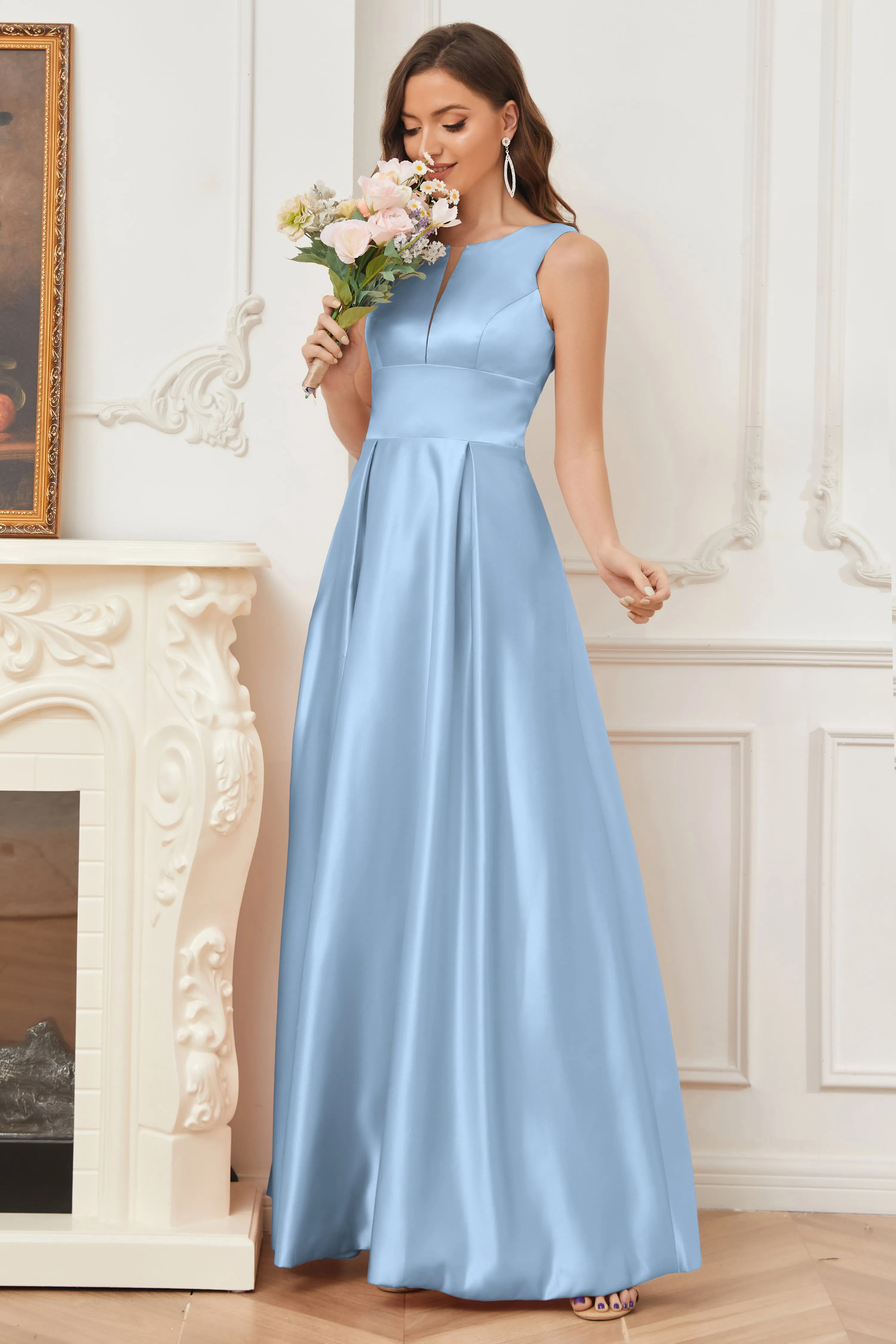 A-line Sleeveless Satin Long Bridesmaid Dresses with Pockets