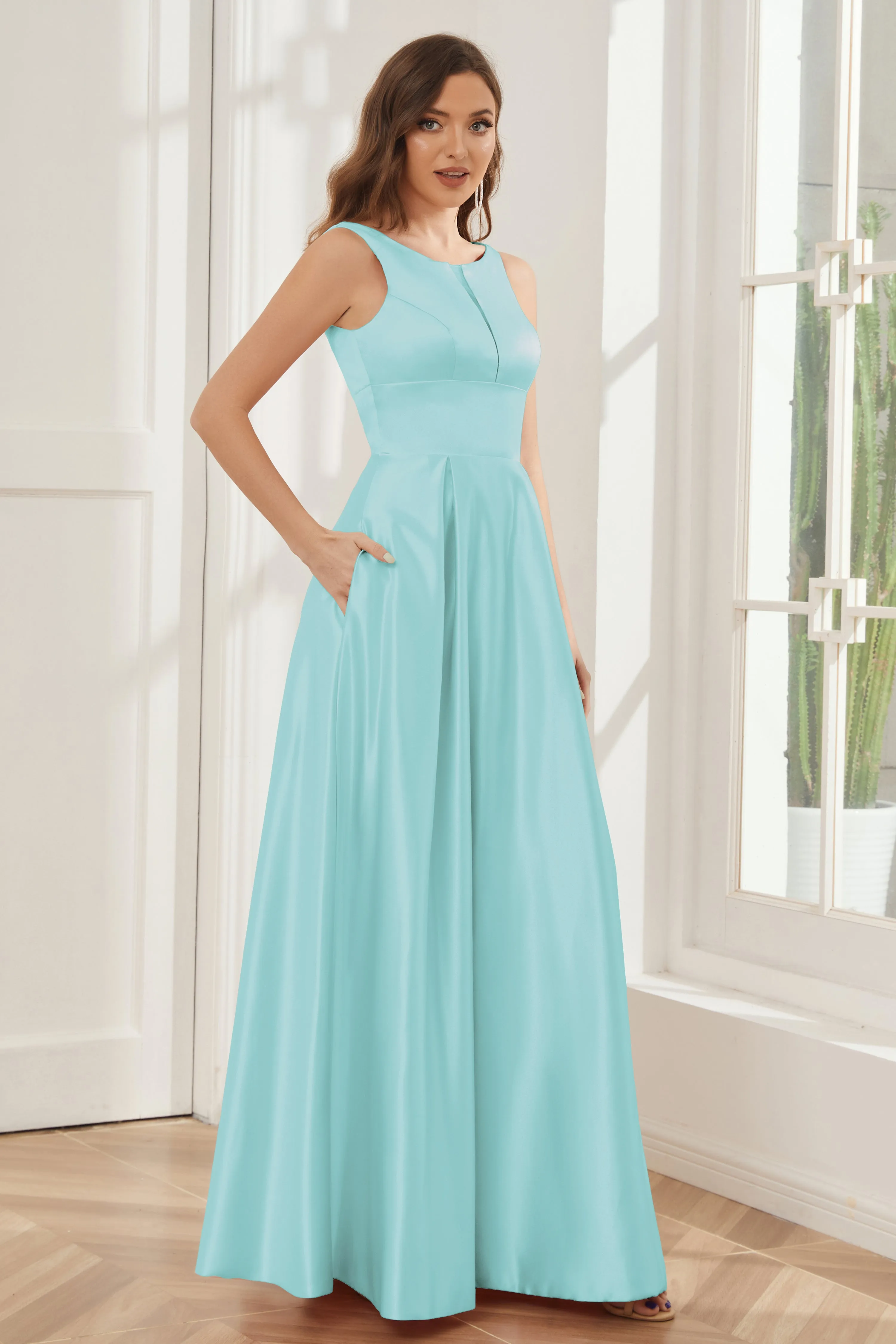 A-line Sleeveless Satin Long Bridesmaid Dresses with Pockets