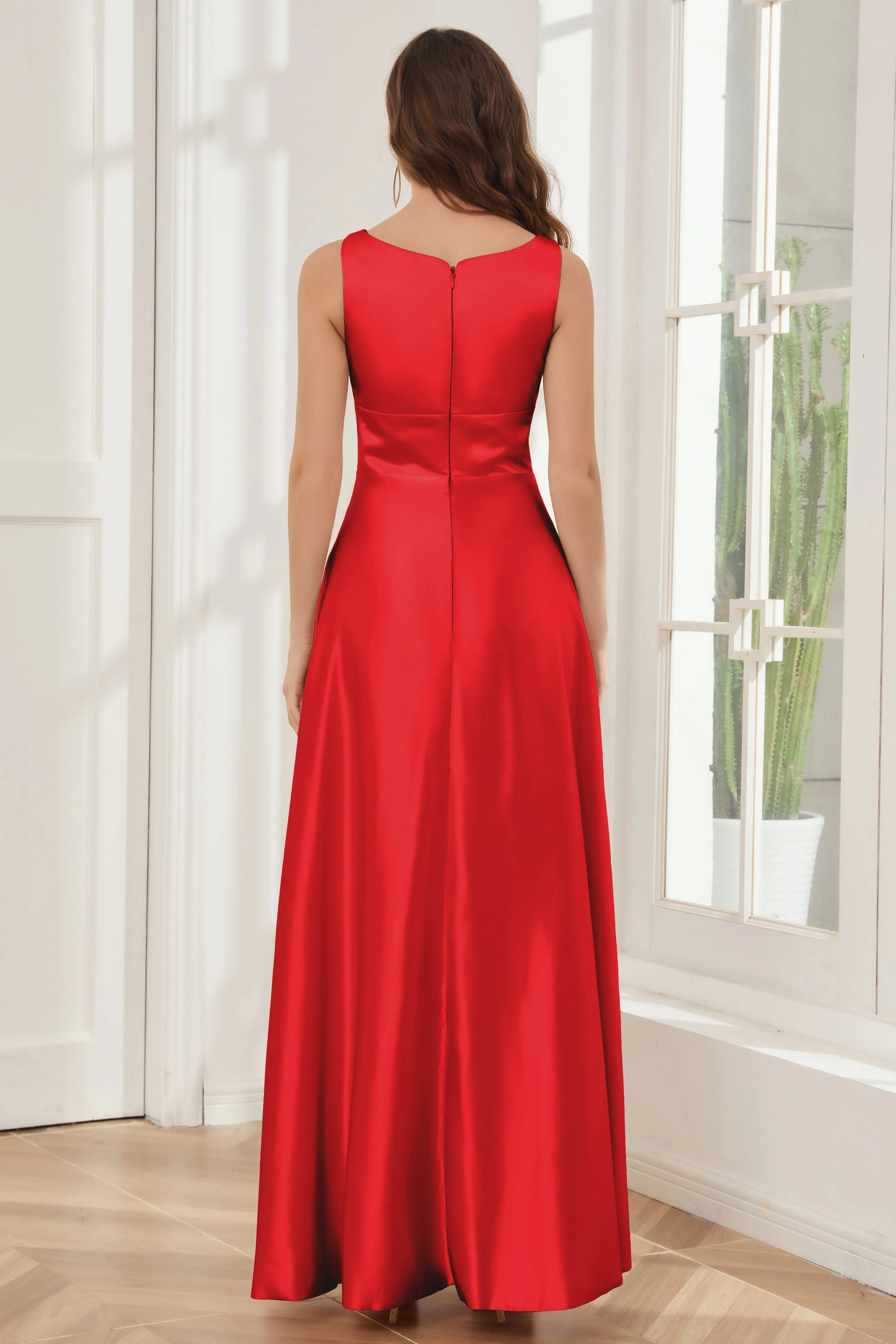 A-line Sleeveless Satin Long Bridesmaid Dresses with Pockets