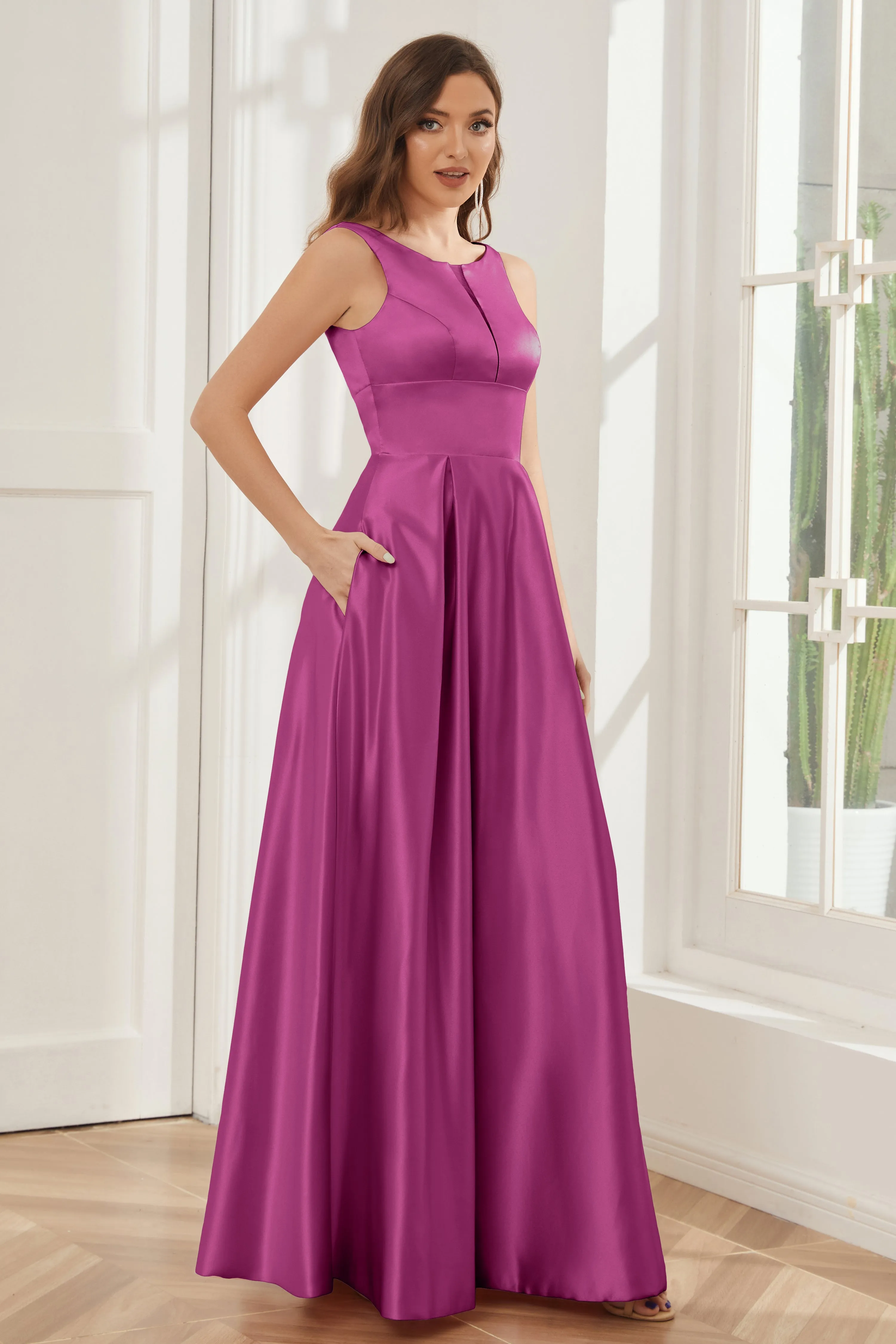 A-line Sleeveless Satin Long Bridesmaid Dresses with Pockets