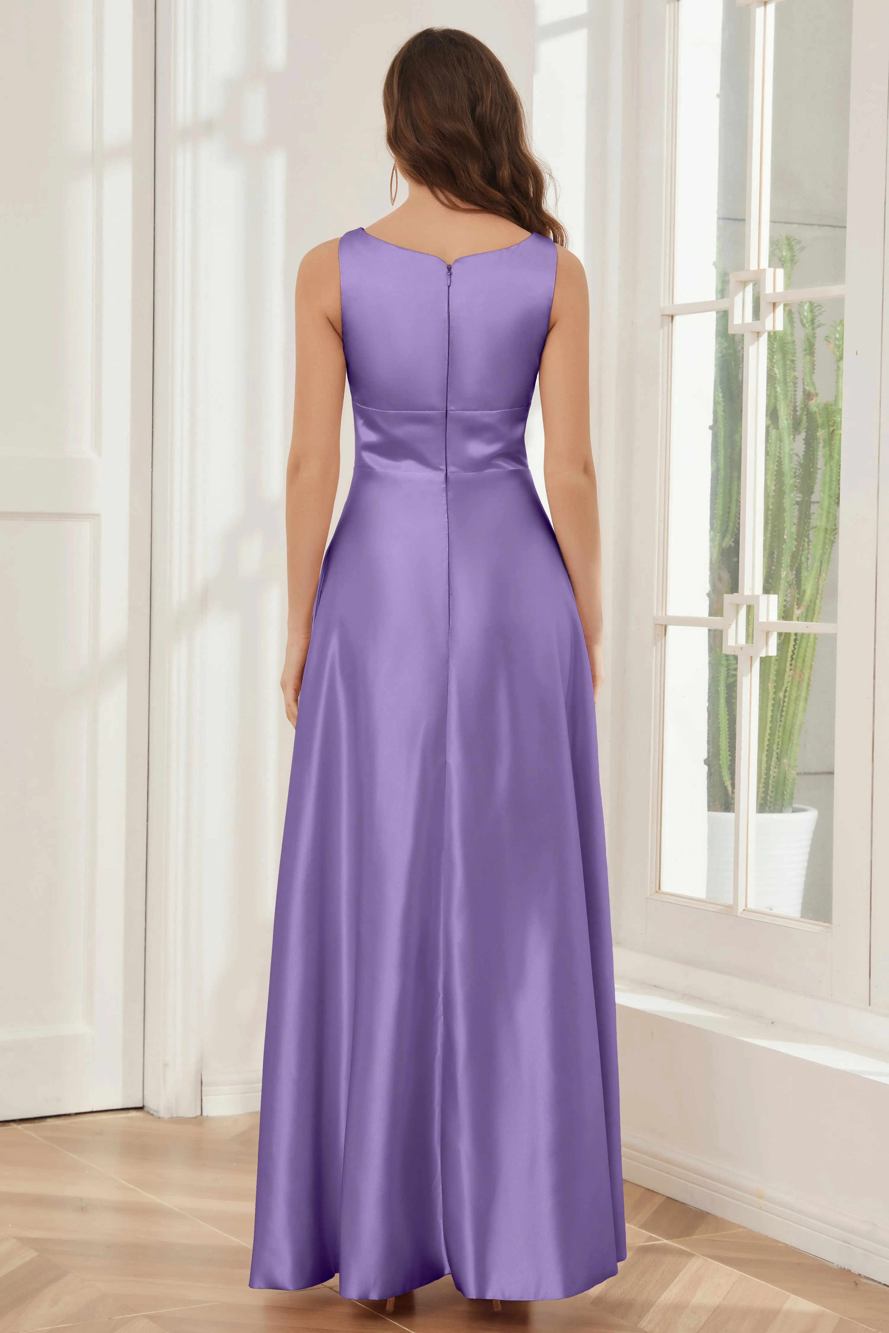 A-line Sleeveless Satin Long Bridesmaid Dresses with Pockets