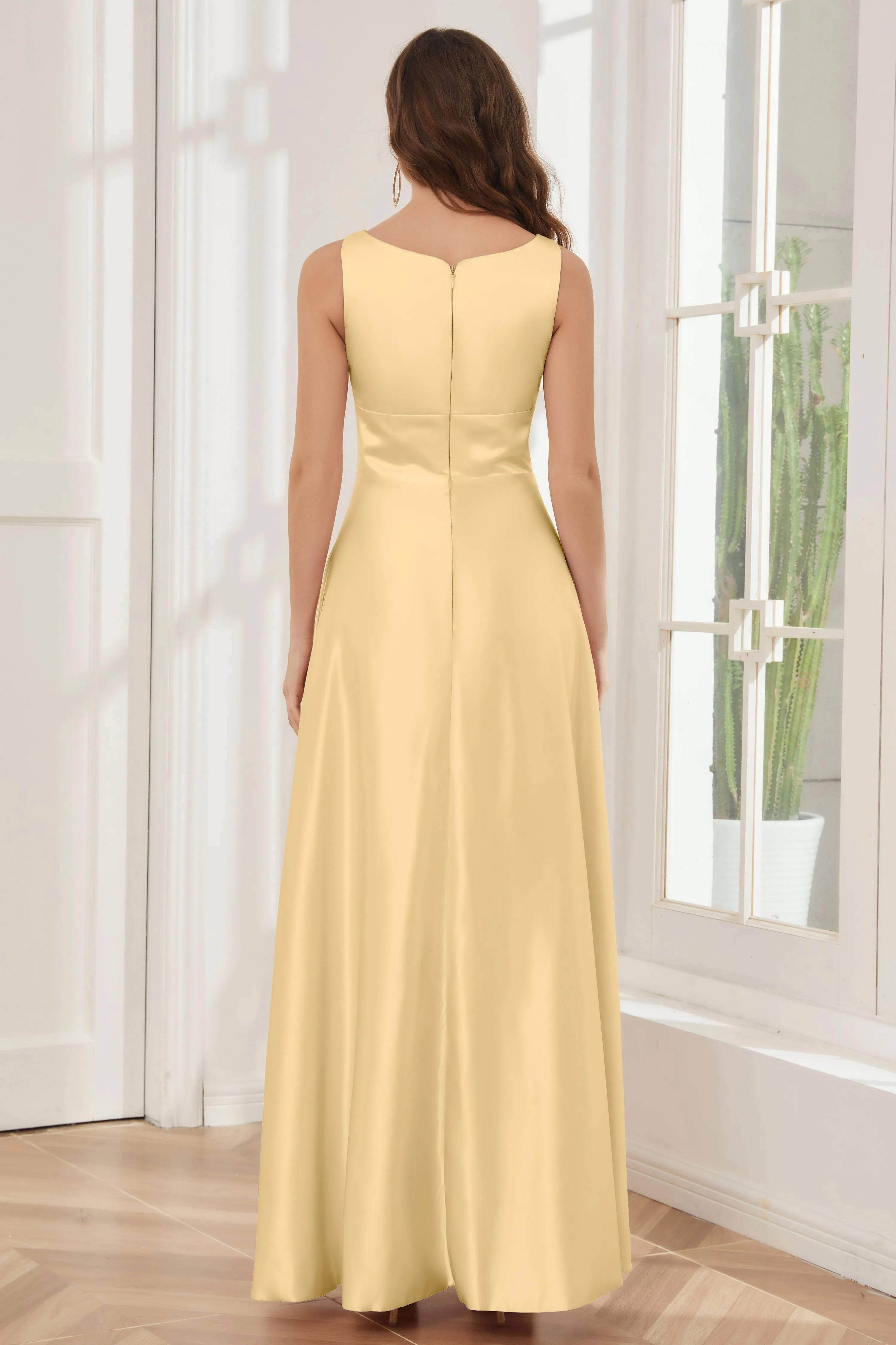 A-line Sleeveless Satin Long Bridesmaid Dresses with Pockets