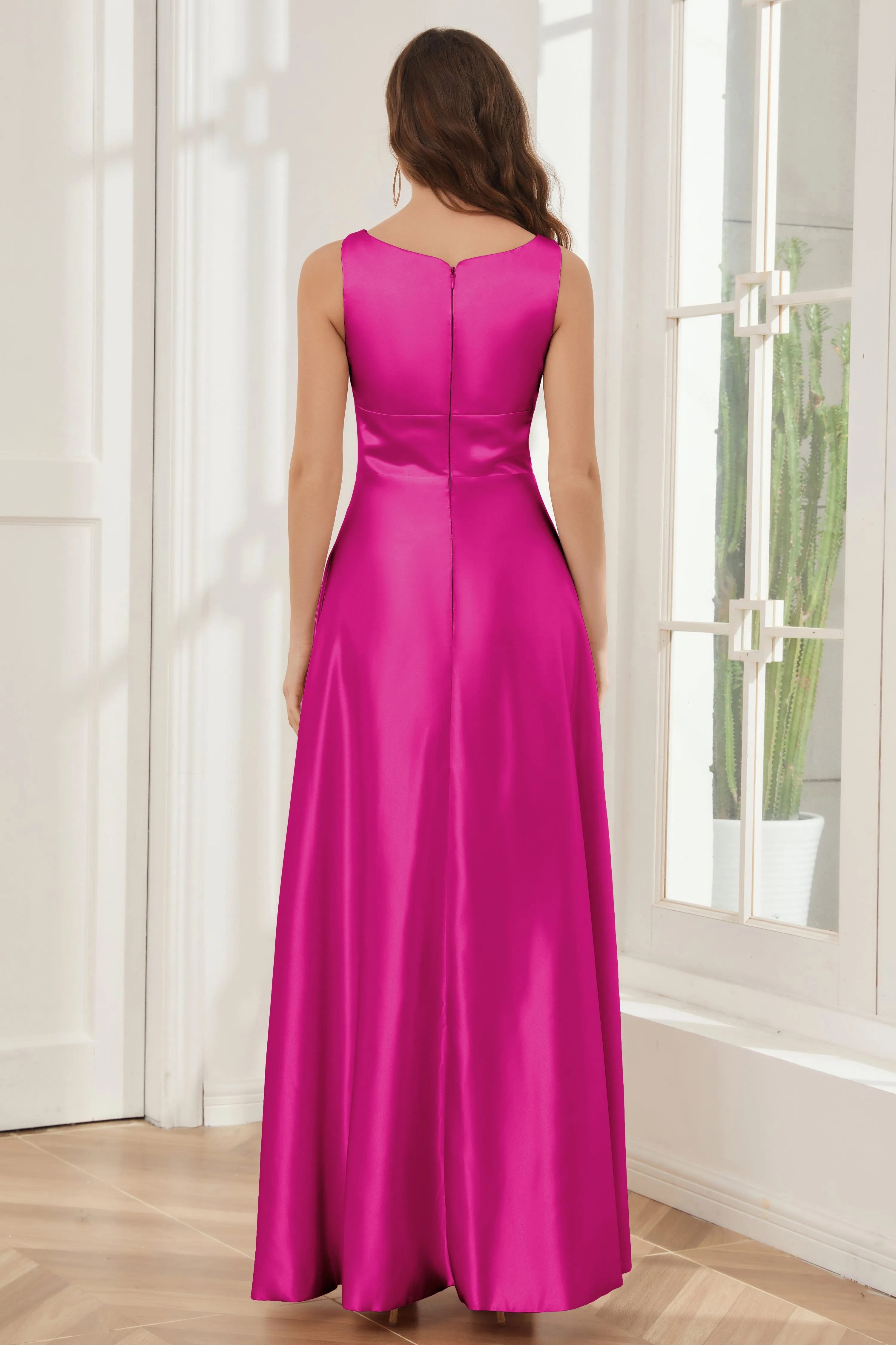 A-line Sleeveless Satin Long Bridesmaid Dresses with Pockets