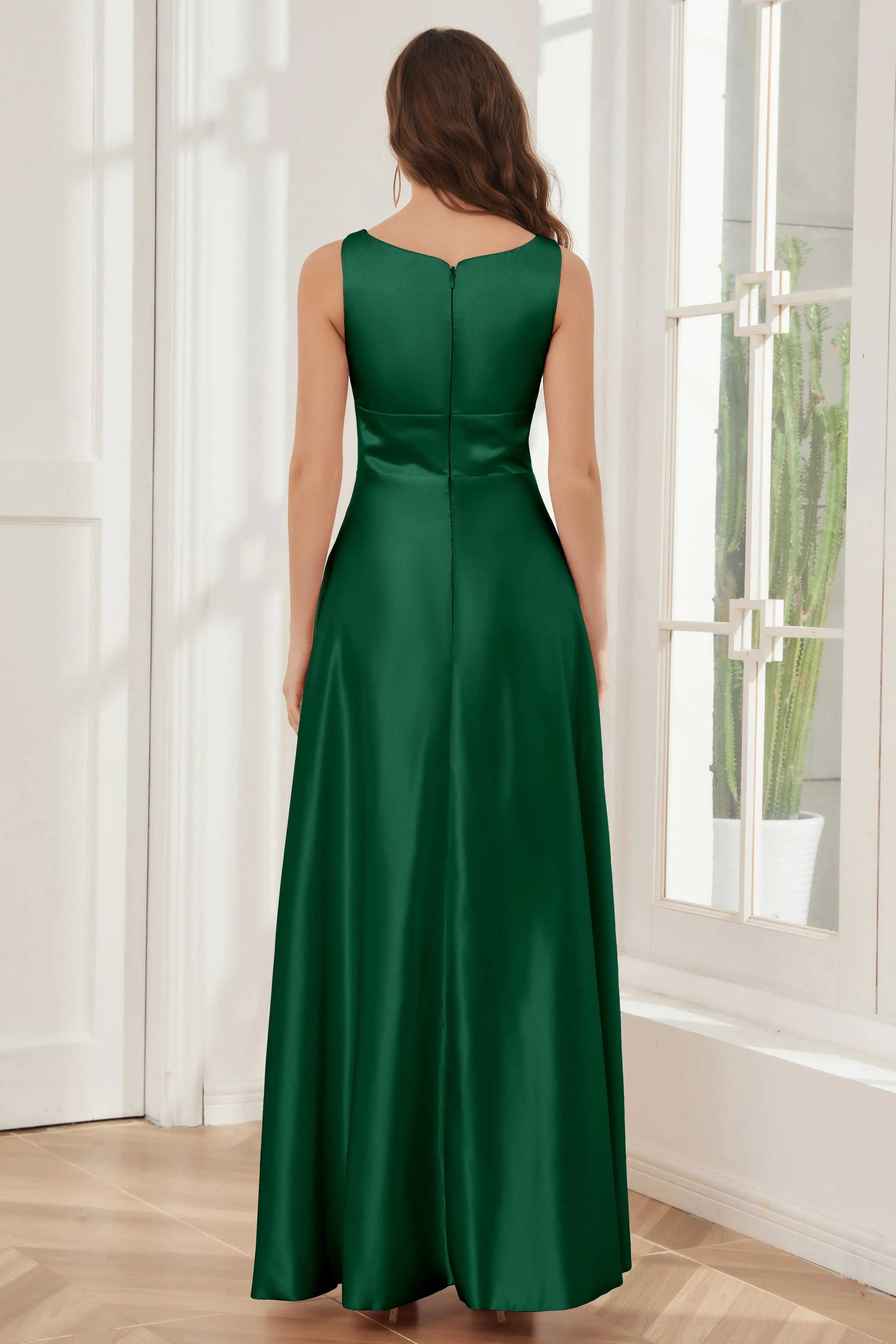 A-line Sleeveless Satin Long Bridesmaid Dresses with Pockets