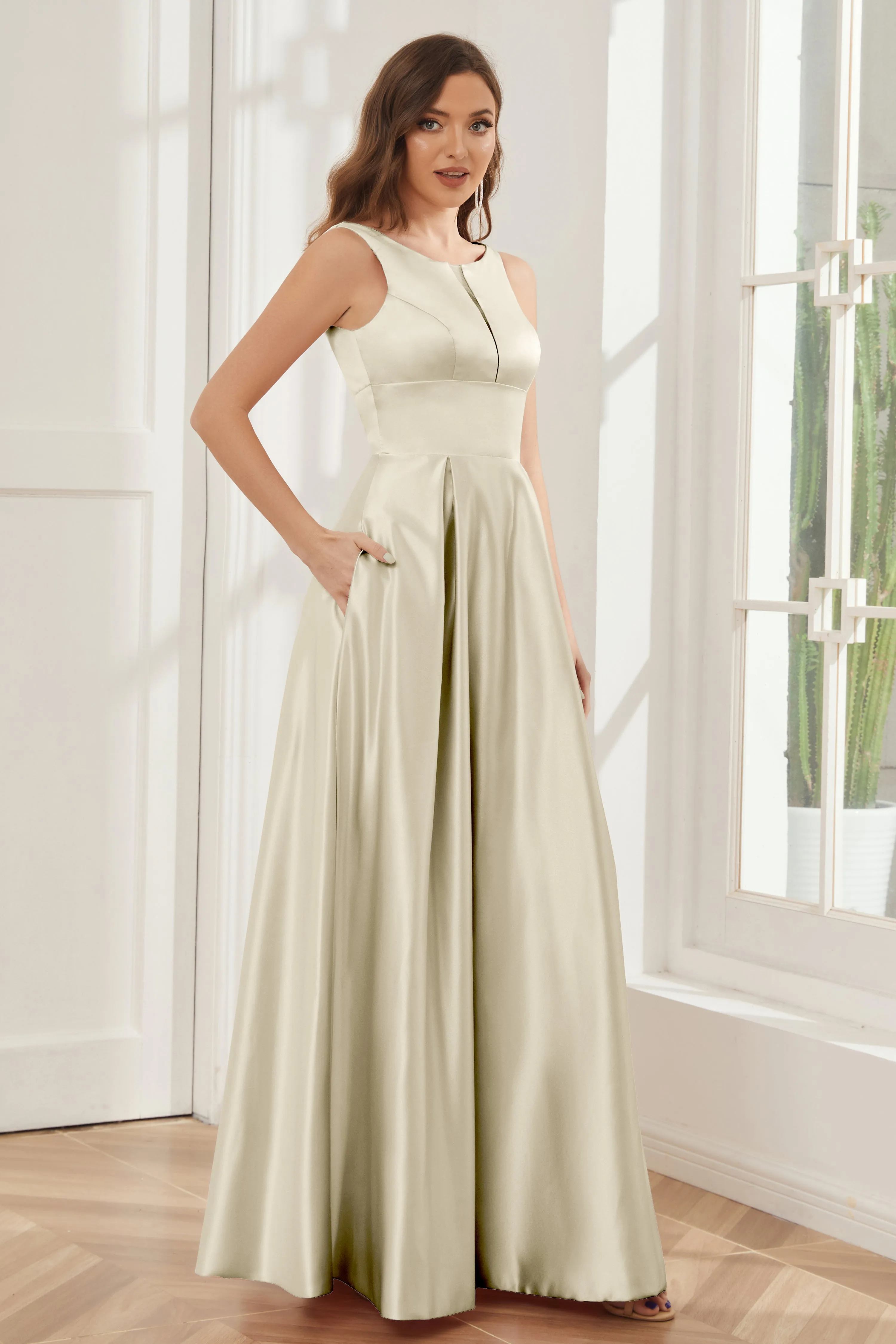 A-line Sleeveless Satin Long Bridesmaid Dresses with Pockets