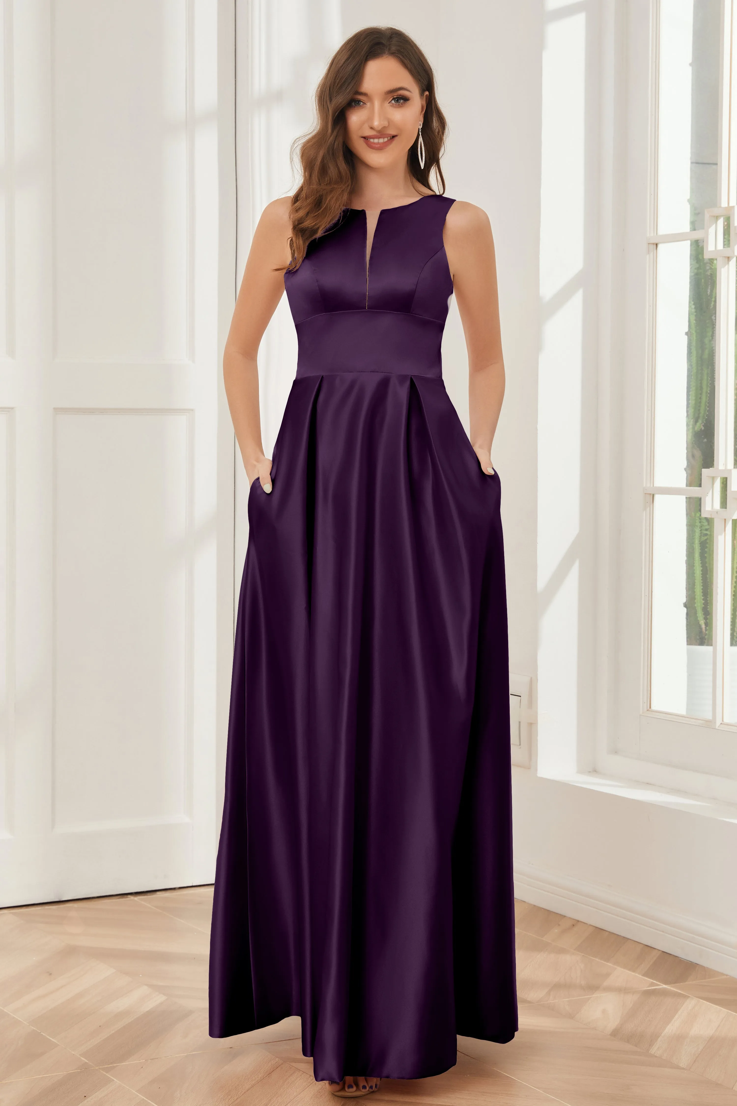 A-line Sleeveless Satin Long Bridesmaid Dresses with Pockets