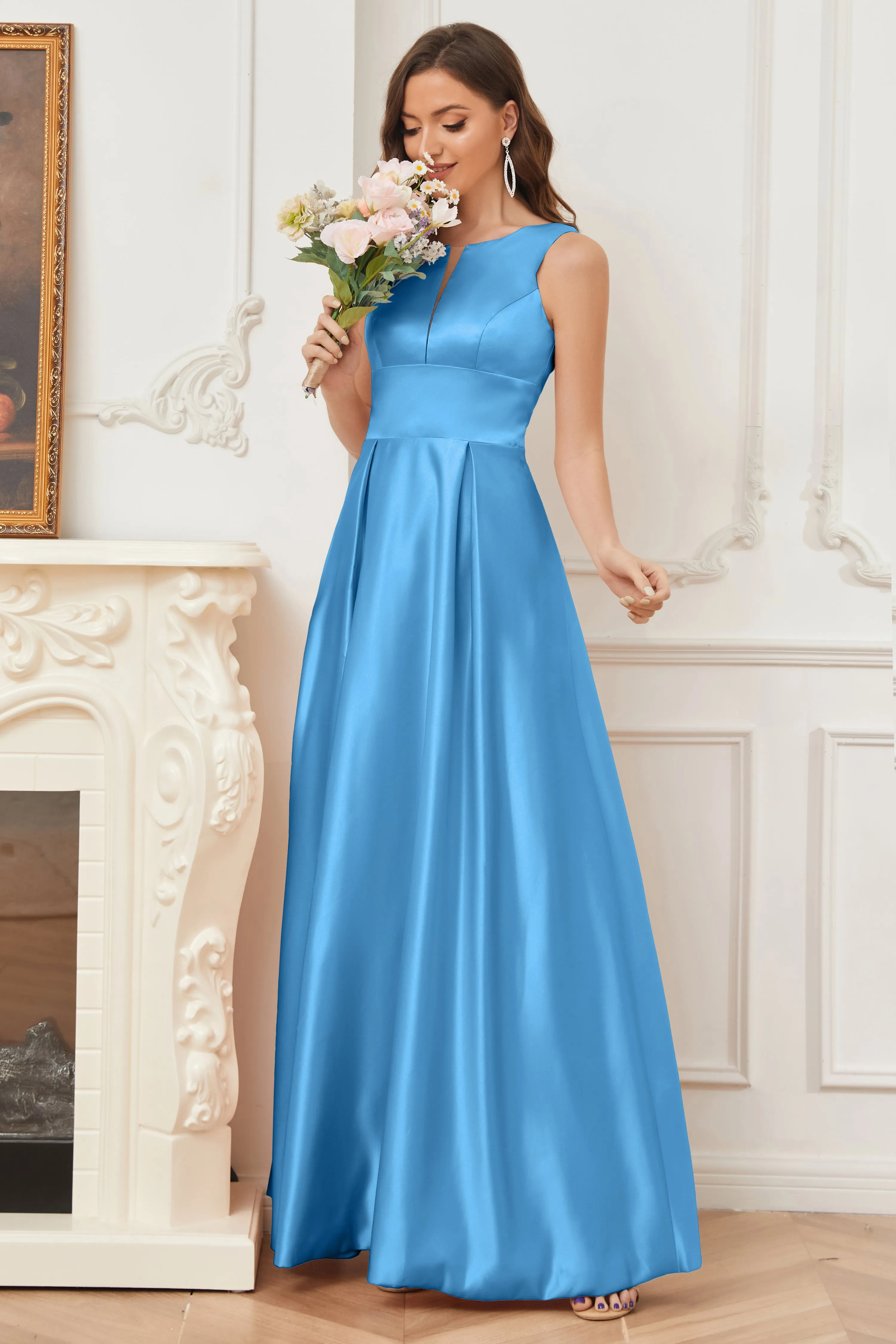 A-line Sleeveless Satin Long Bridesmaid Dresses with Pockets