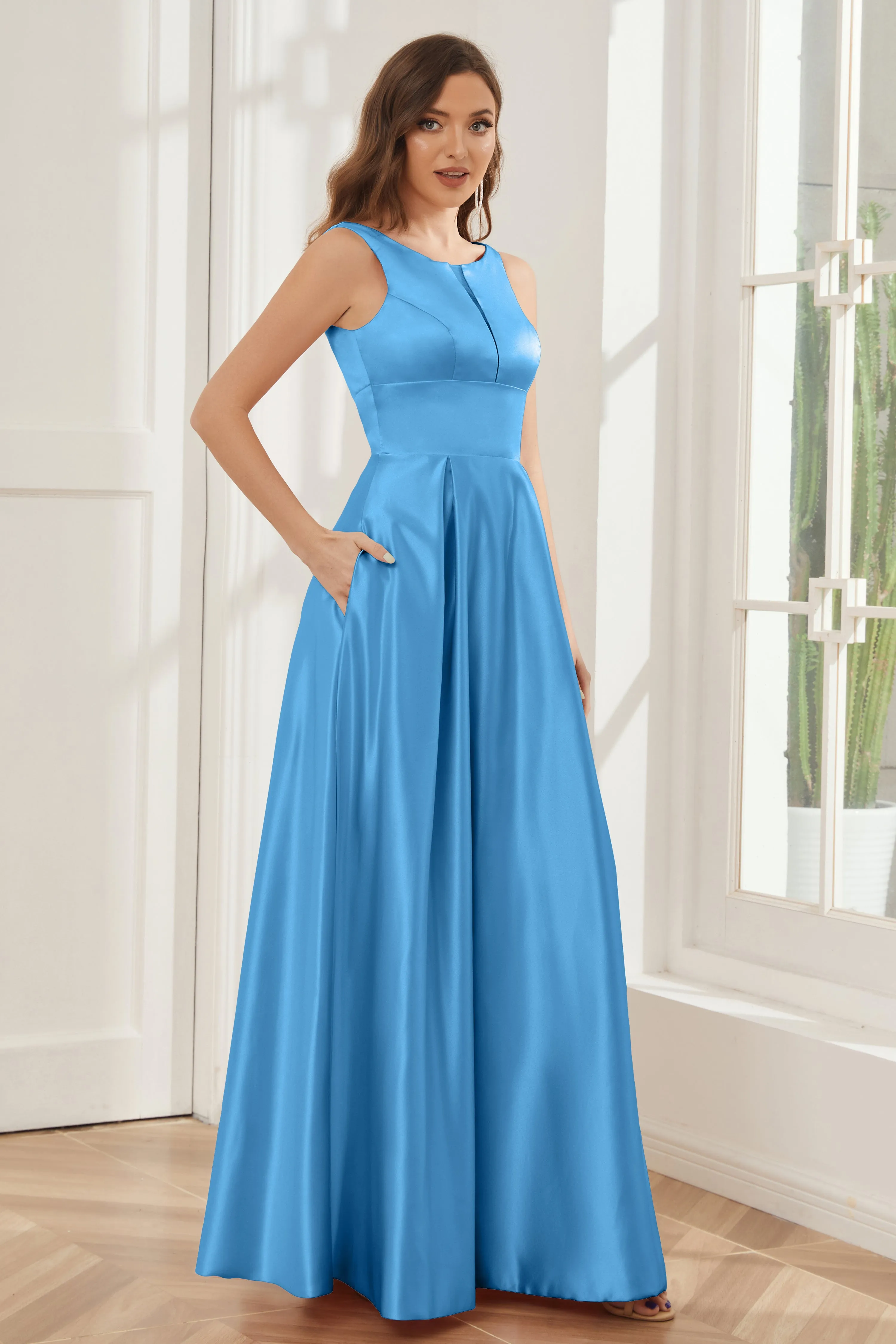 A-line Sleeveless Satin Long Bridesmaid Dresses with Pockets