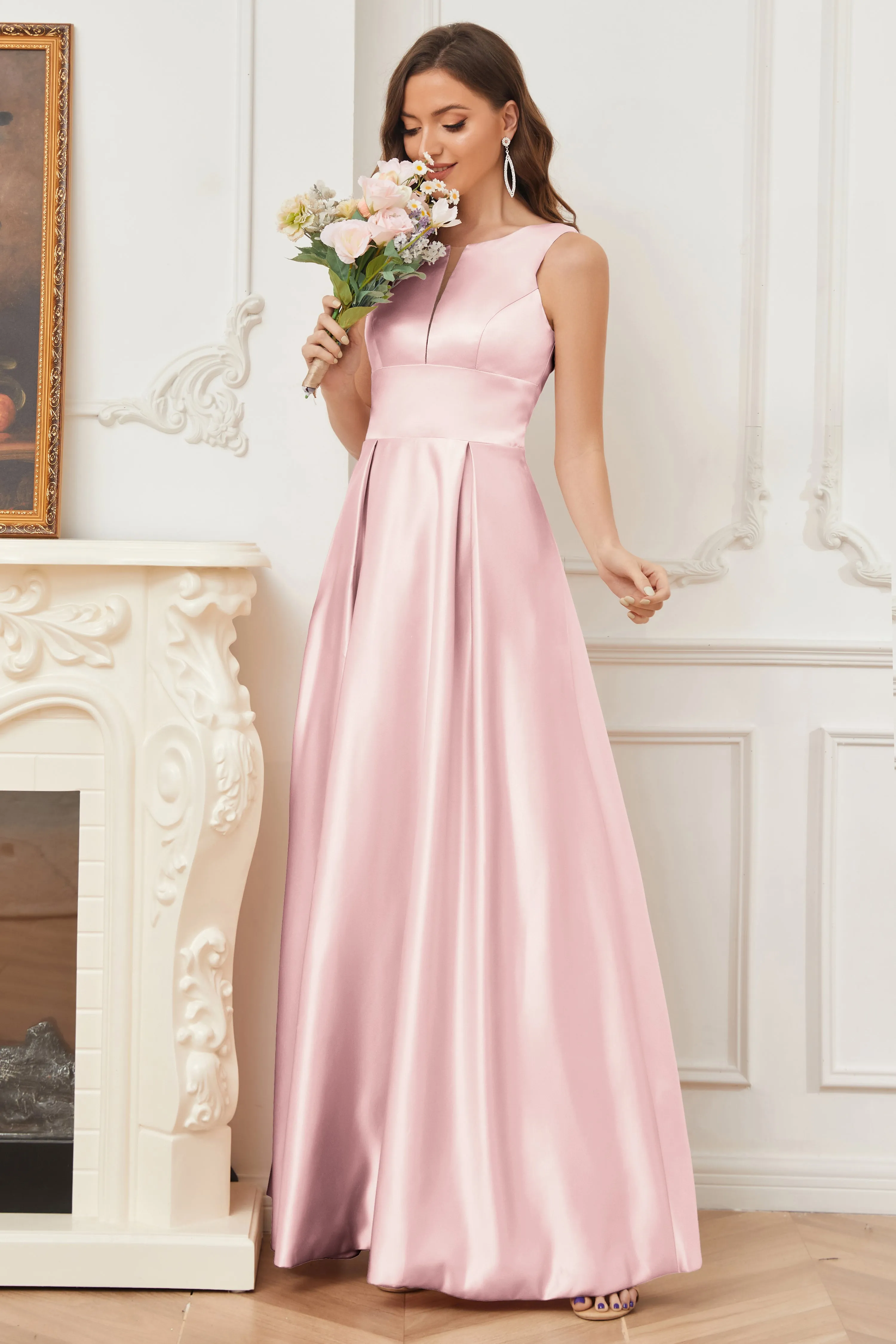A-line Sleeveless Satin Long Bridesmaid Dresses with Pockets