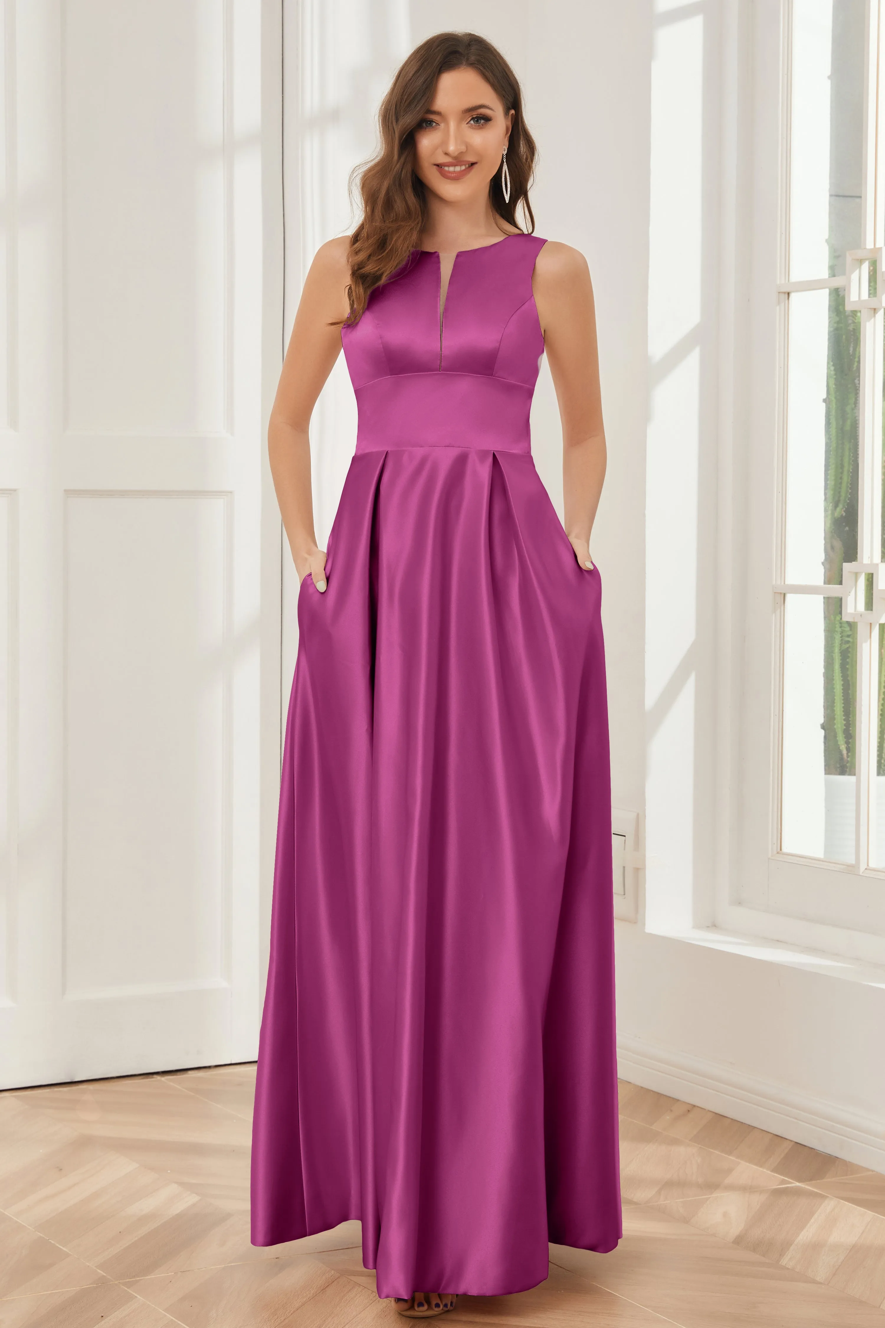 A-line Sleeveless Satin Long Bridesmaid Dresses with Pockets