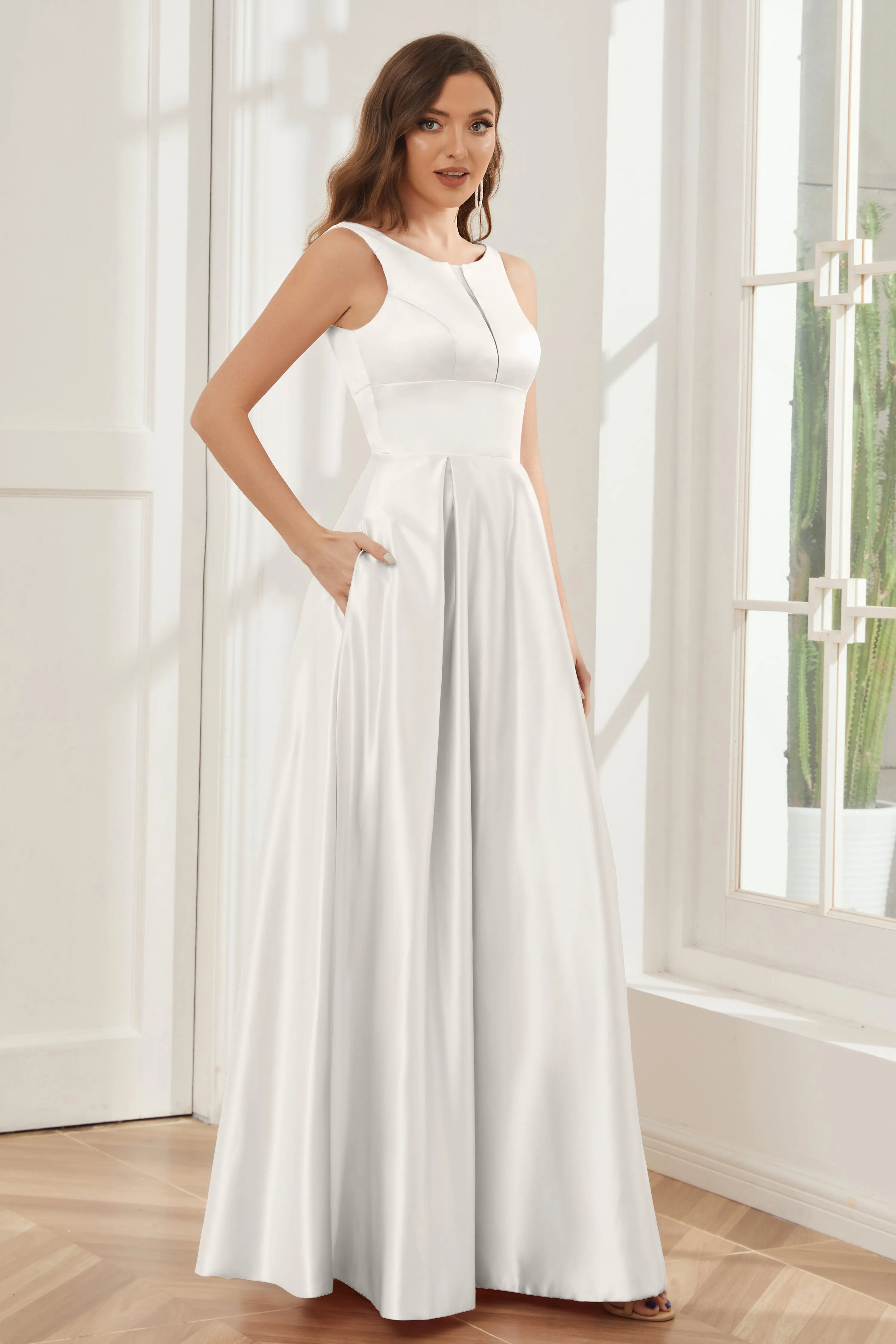 A-line Sleeveless Satin Long Bridesmaid Dresses with Pockets