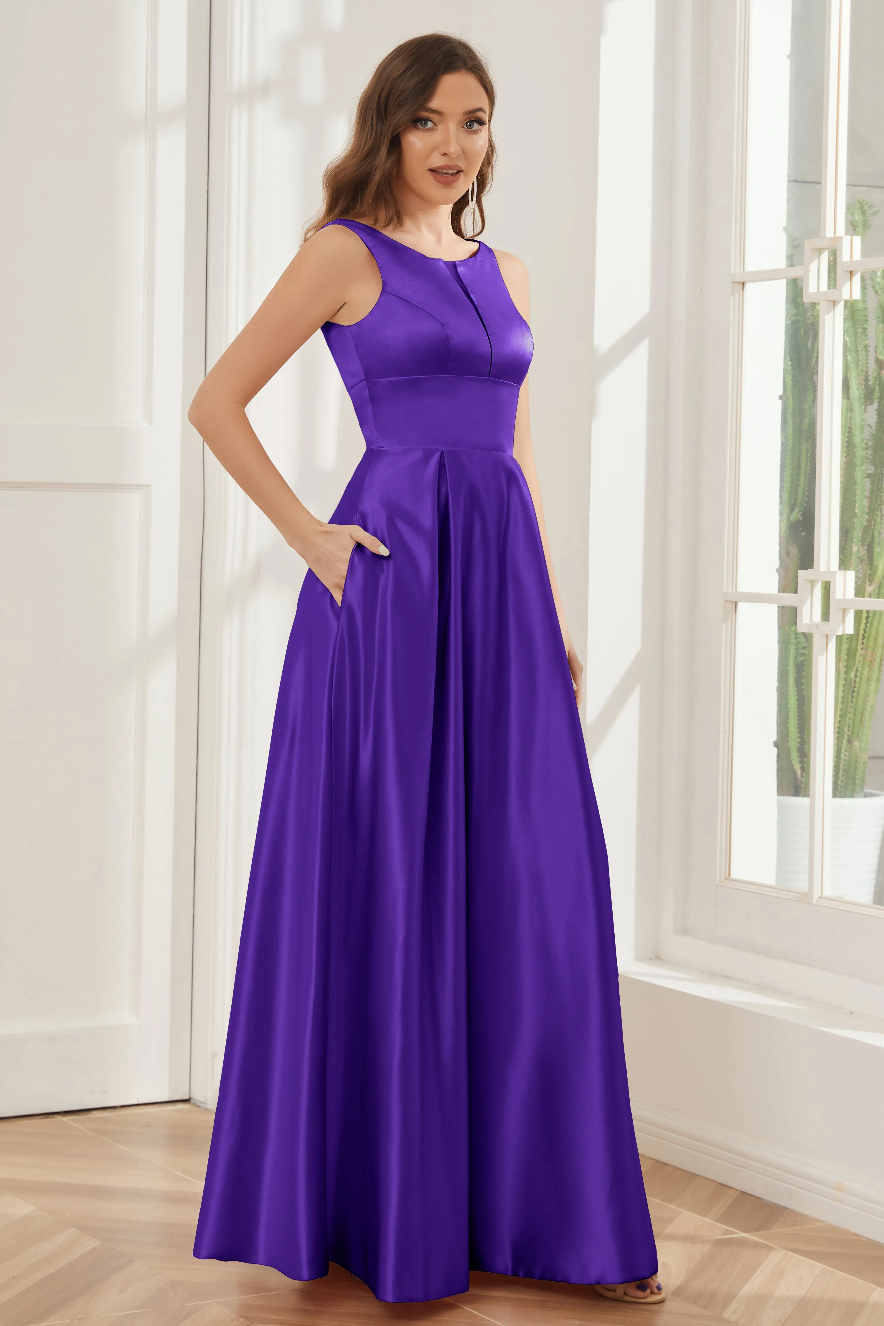 A-line Sleeveless Satin Long Bridesmaid Dresses with Pockets