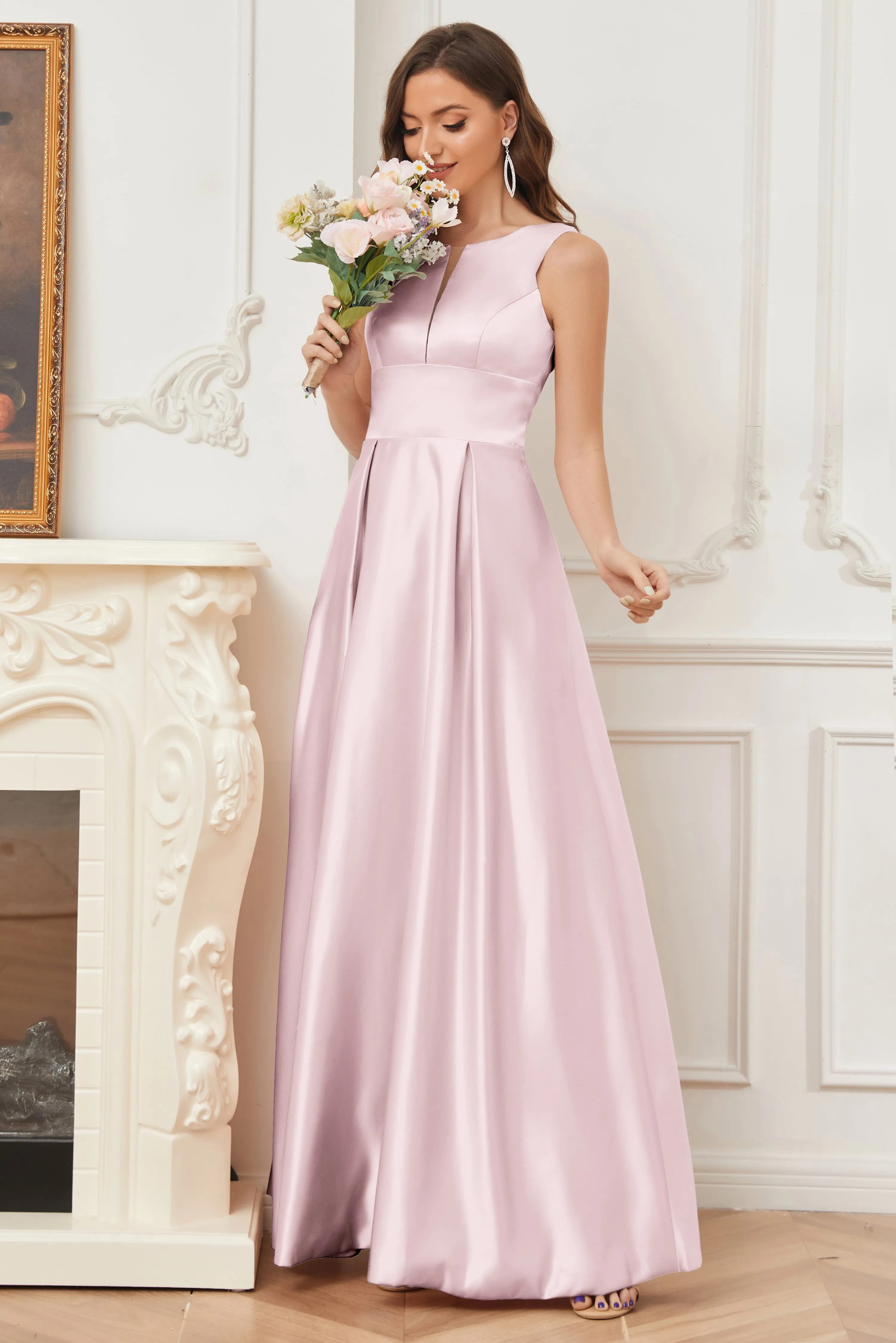 A-line Sleeveless Satin Long Bridesmaid Dresses with Pockets