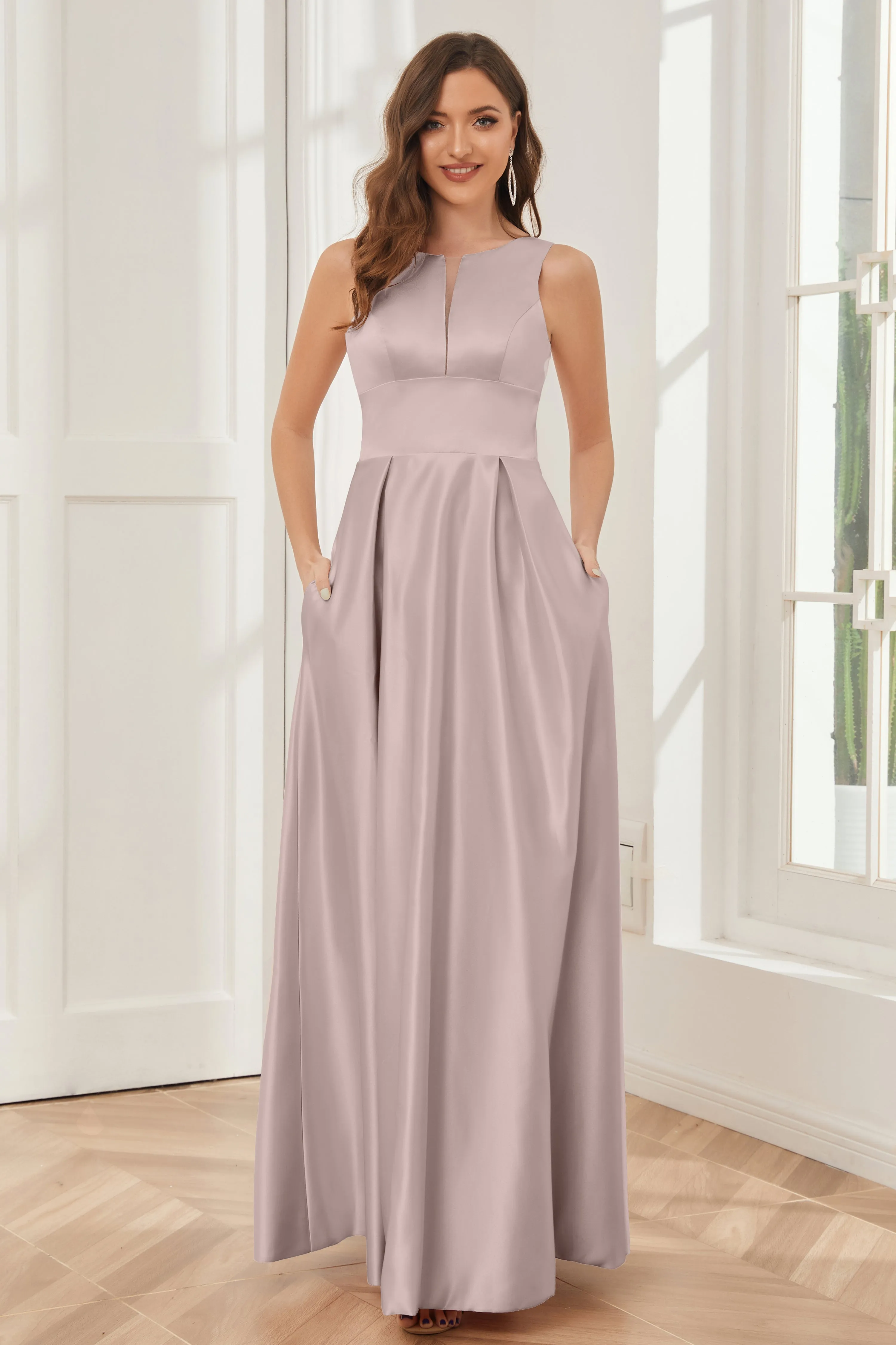 A-line Sleeveless Satin Long Bridesmaid Dresses with Pockets