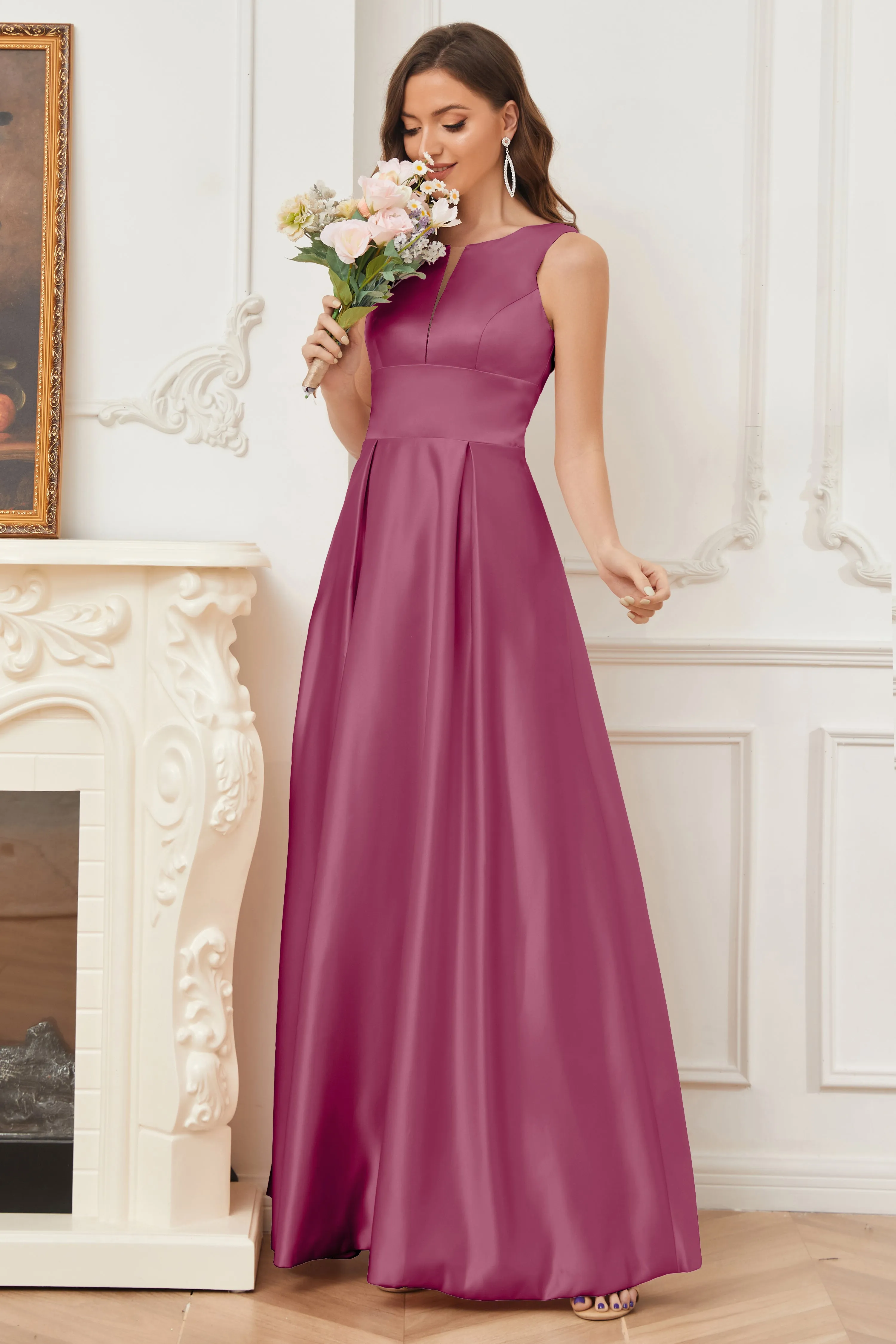 A-line Sleeveless Satin Long Bridesmaid Dresses with Pockets