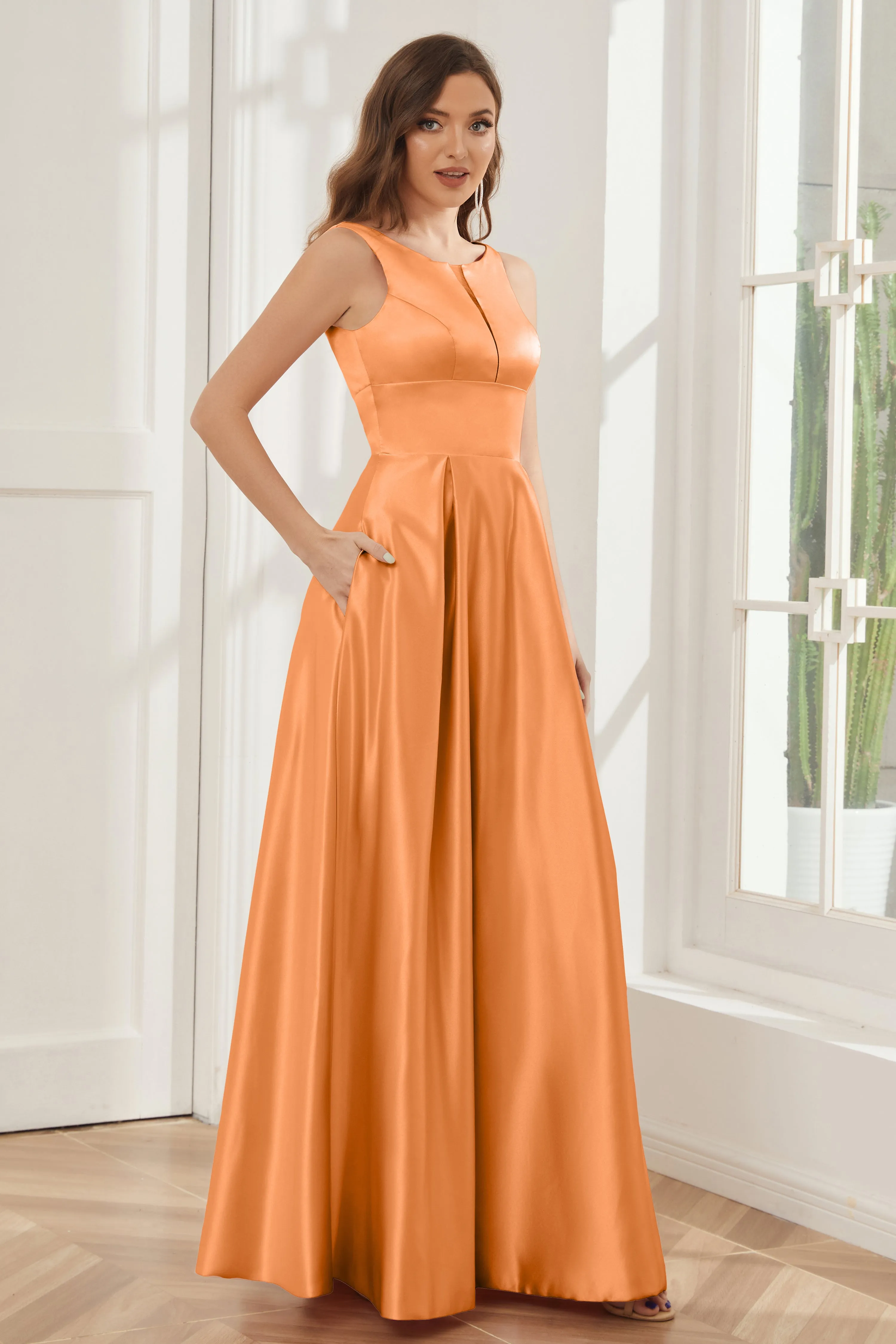 A-line Sleeveless Satin Long Bridesmaid Dresses with Pockets