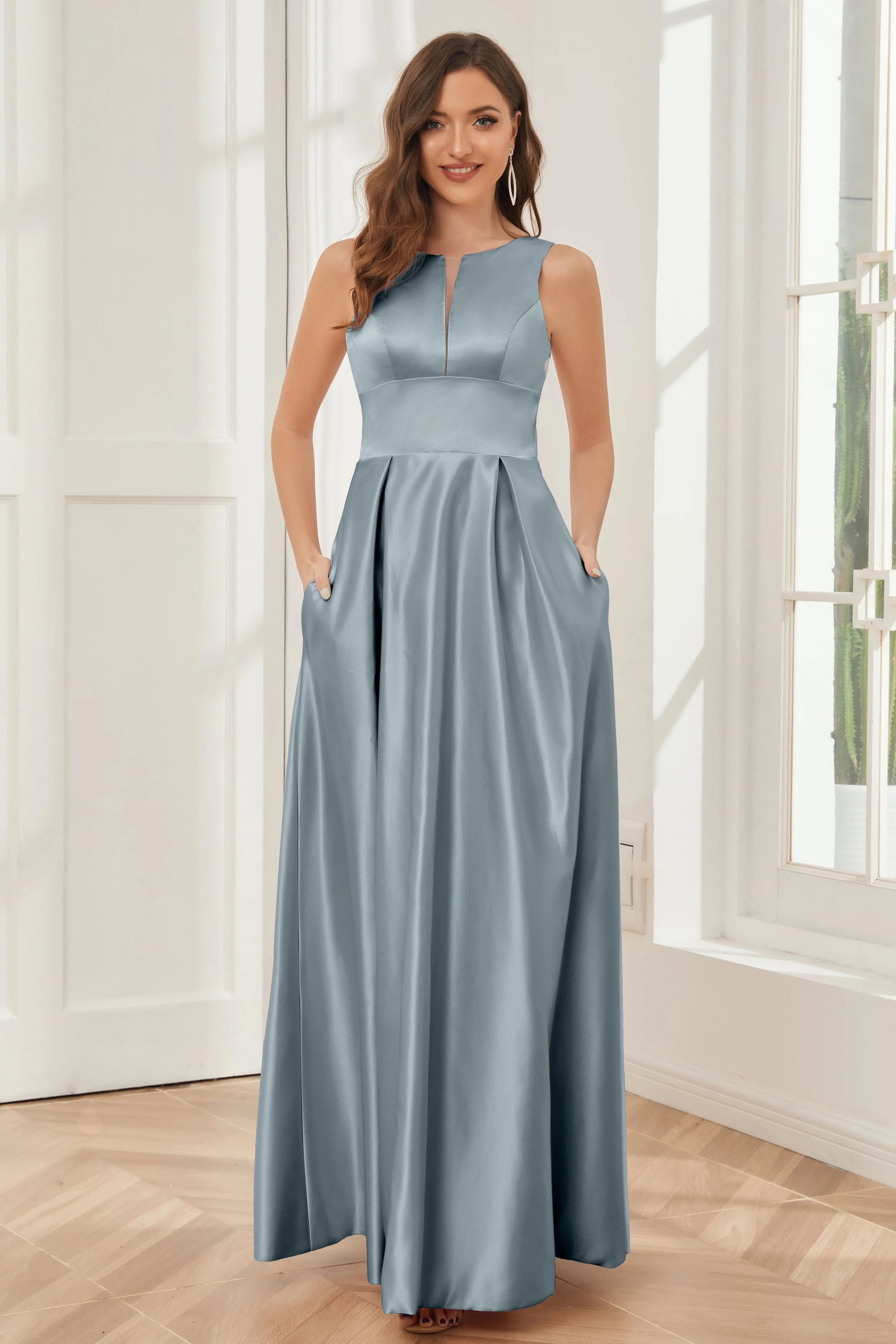 A-line Sleeveless Satin Long Bridesmaid Dresses with Pockets