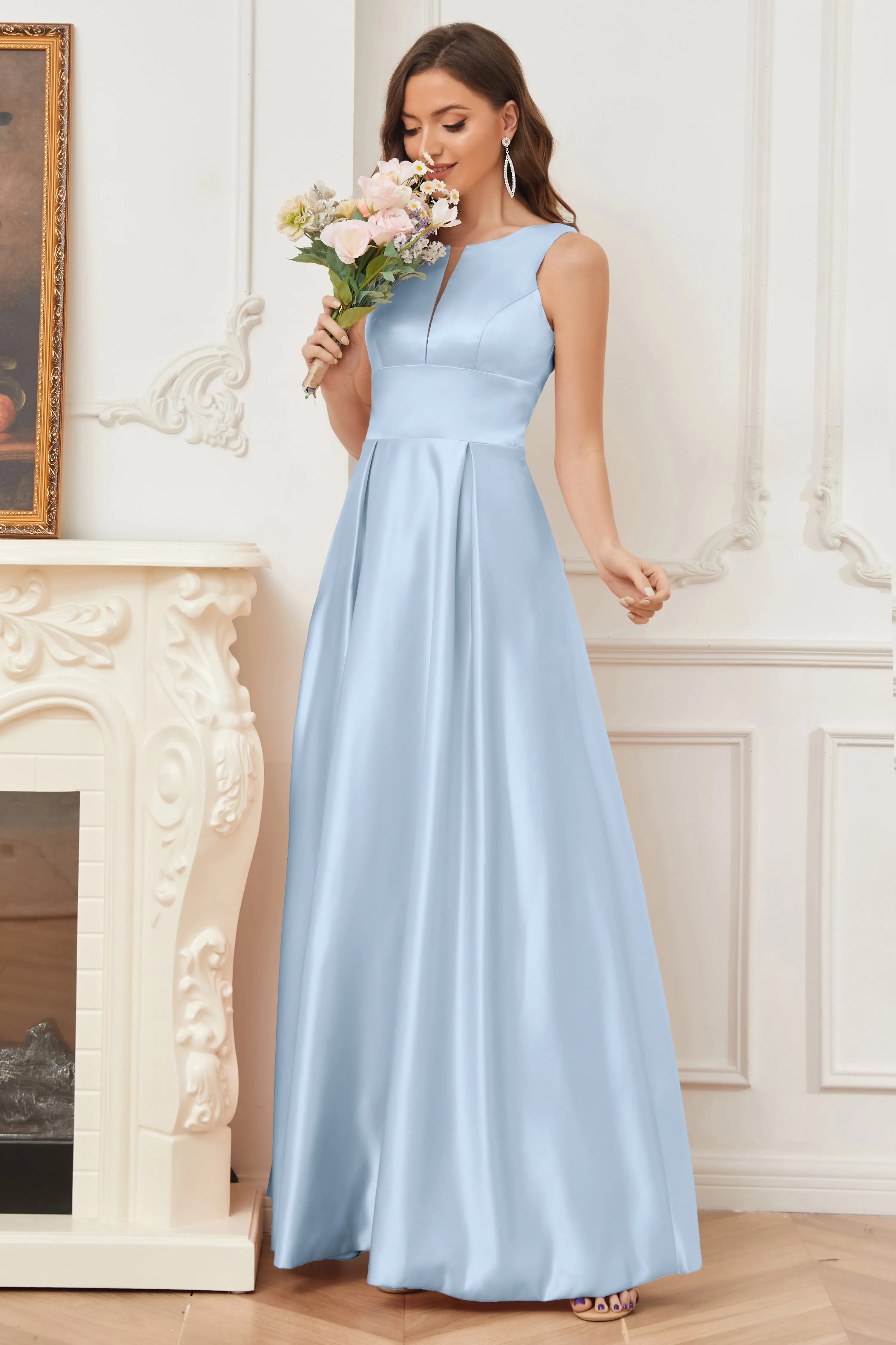 A-line Sleeveless Satin Long Bridesmaid Dresses with Pockets