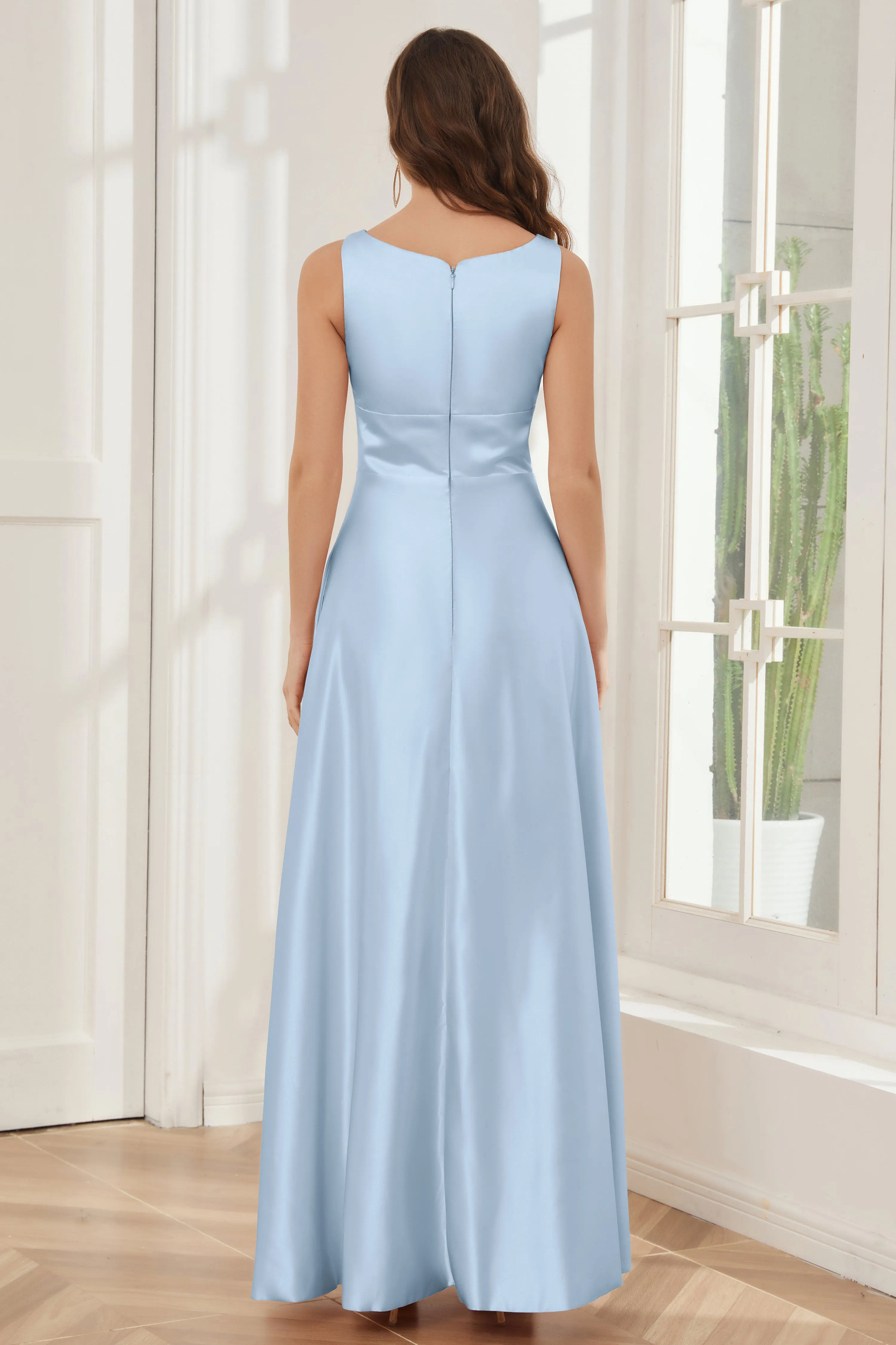 A-line Sleeveless Satin Long Bridesmaid Dresses with Pockets