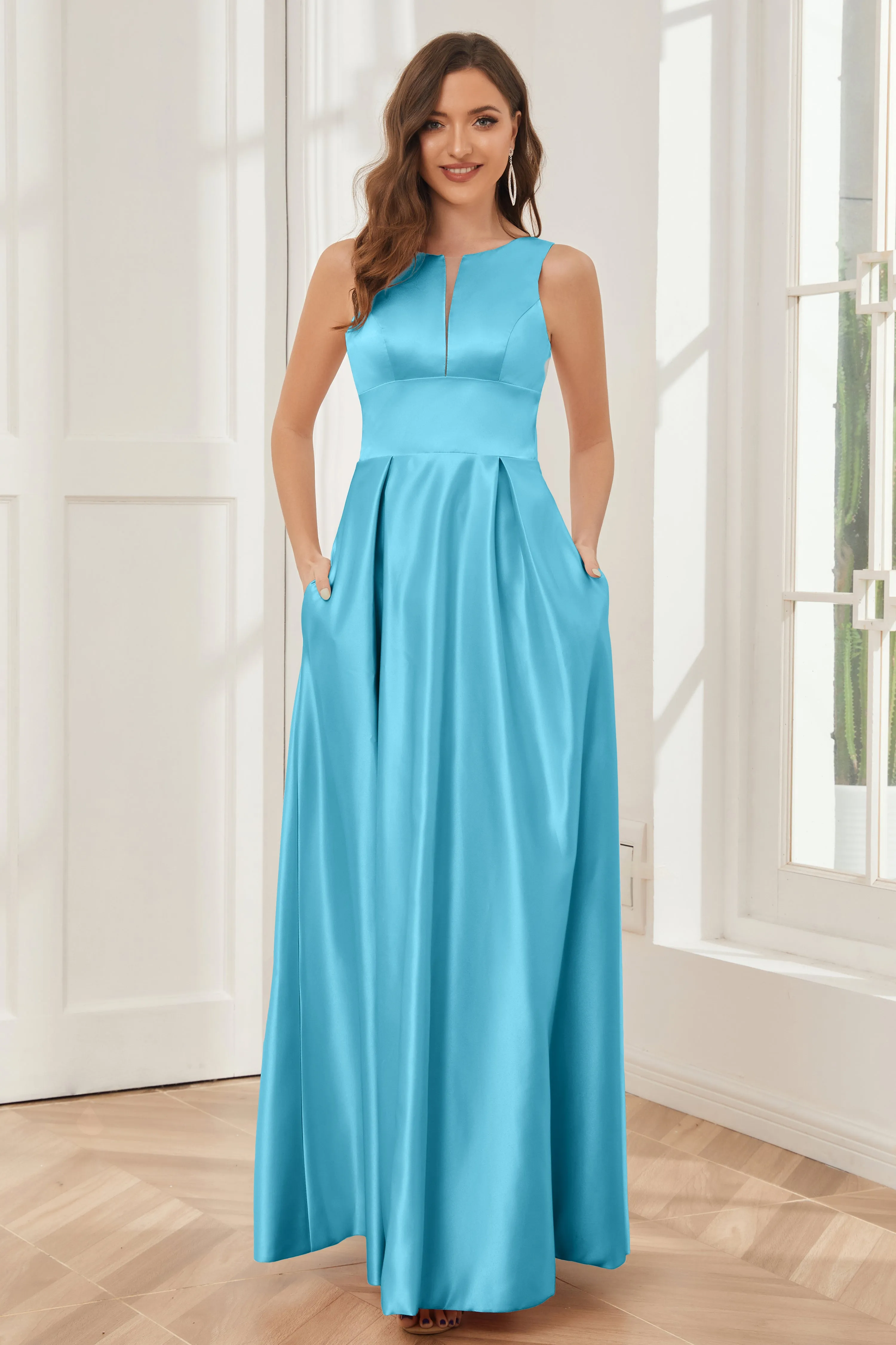 A-line Sleeveless Satin Long Bridesmaid Dresses with Pockets