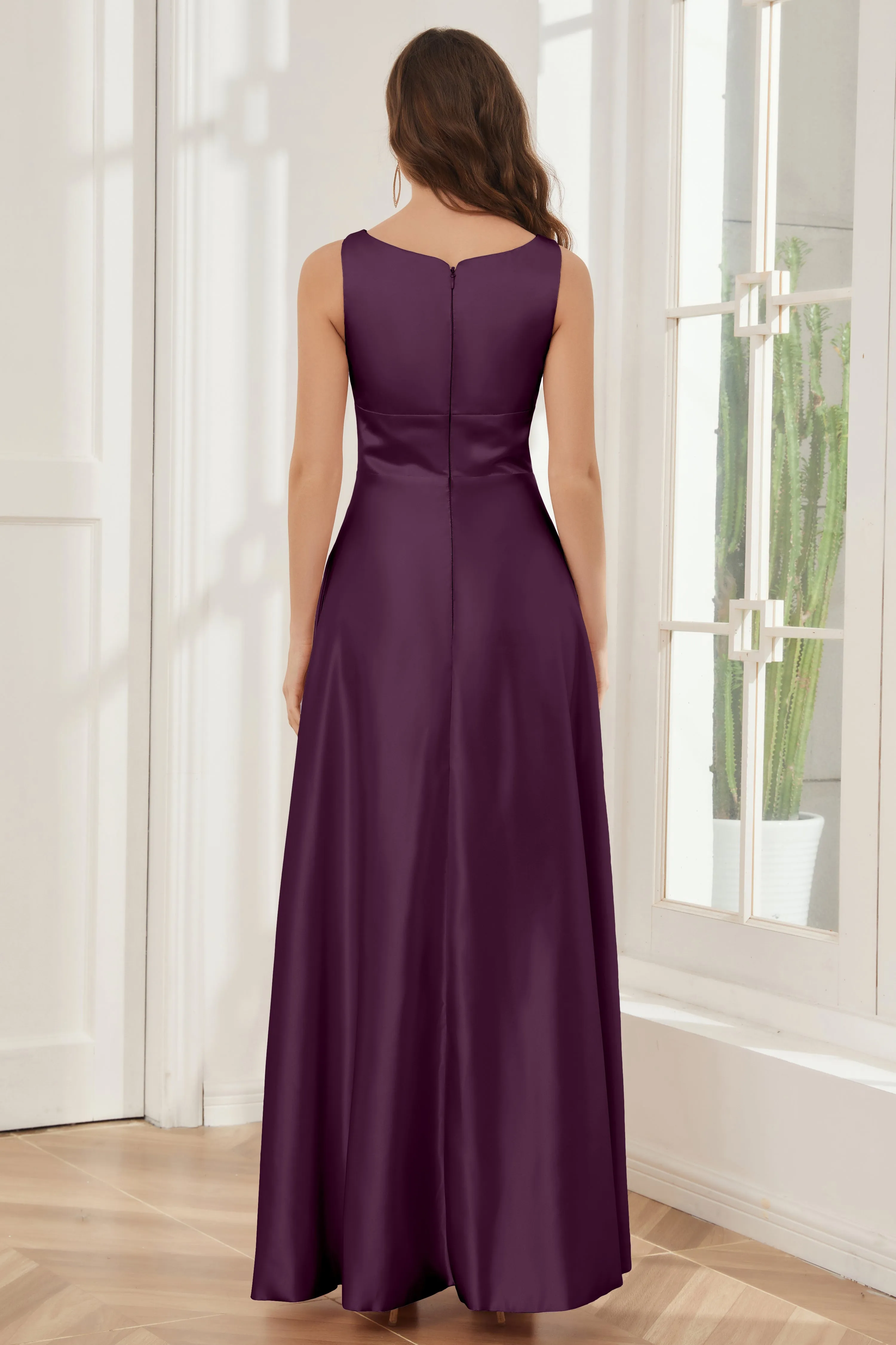 A-line Sleeveless Satin Long Bridesmaid Dresses with Pockets