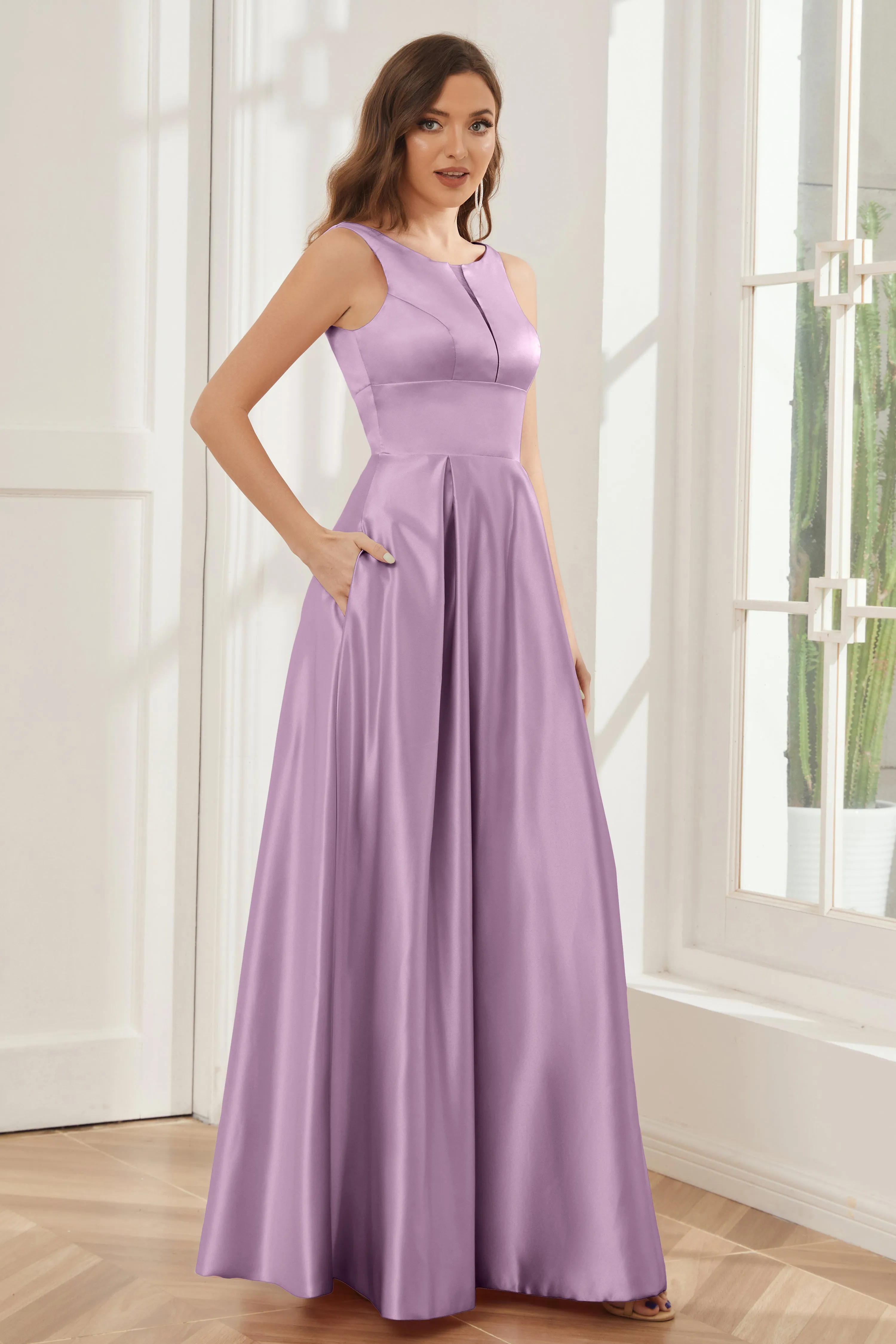 A-line Sleeveless Satin Long Bridesmaid Dresses with Pockets