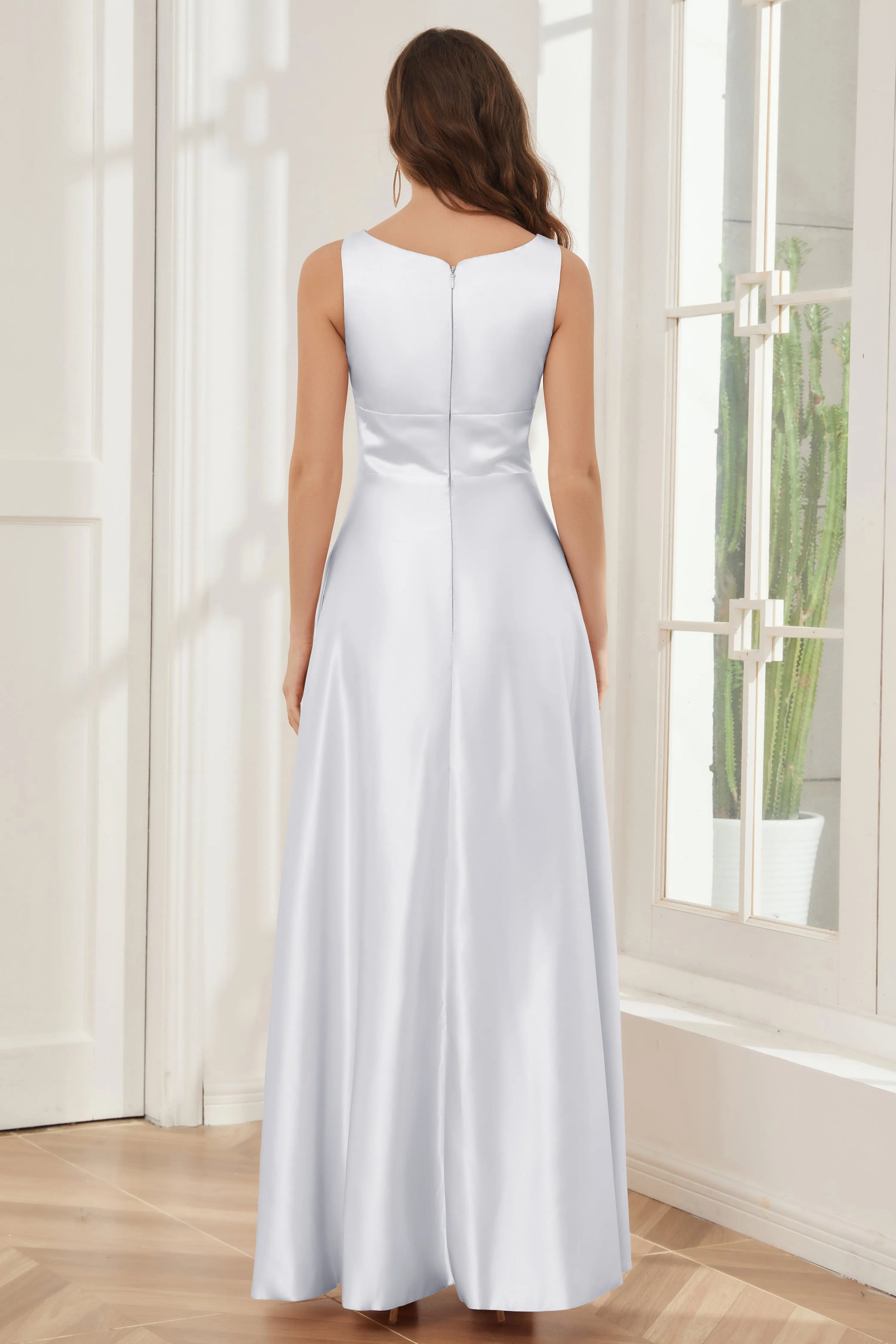 A-line Sleeveless Satin Long Bridesmaid Dresses with Pockets