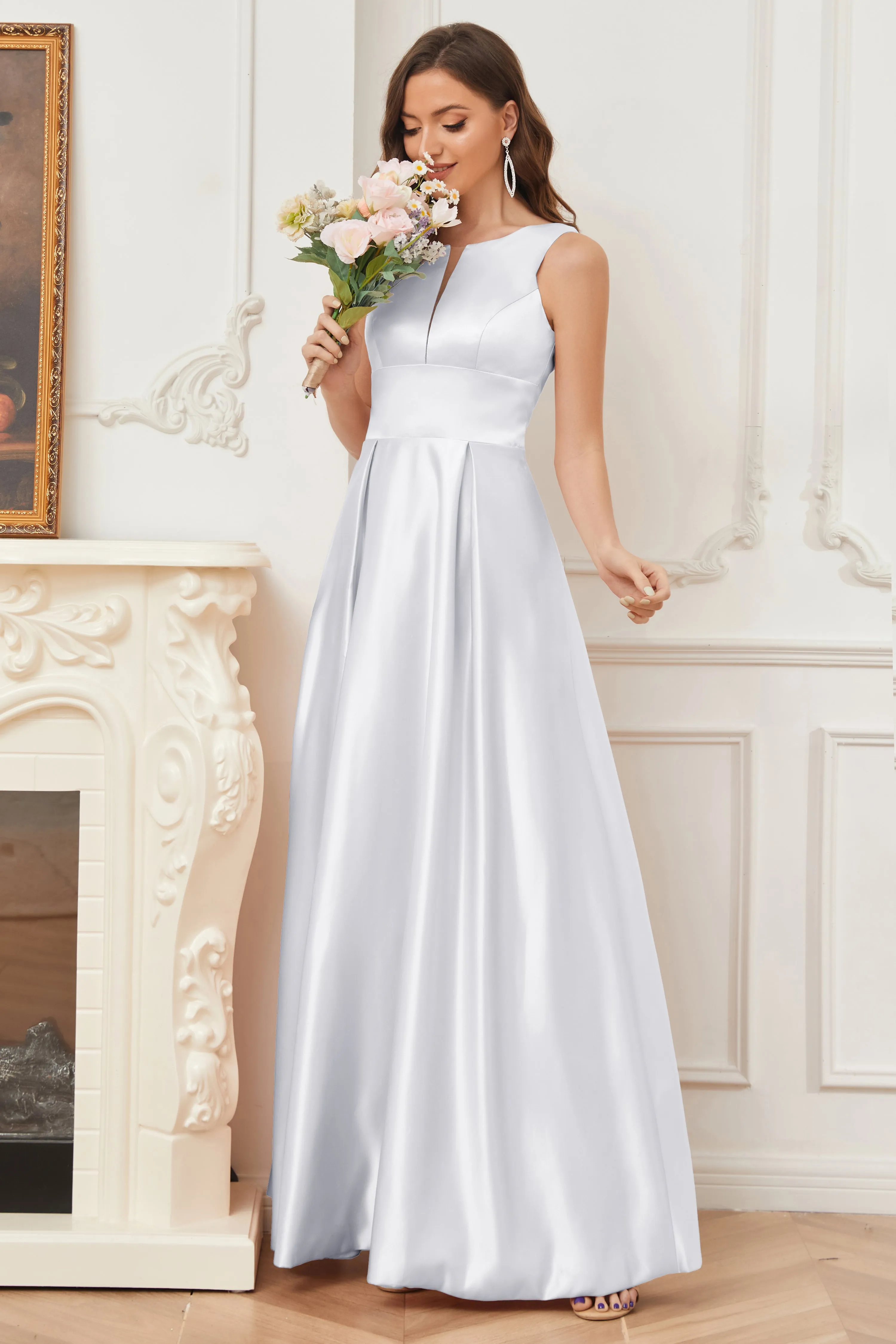 A-line Sleeveless Satin Long Bridesmaid Dresses with Pockets
