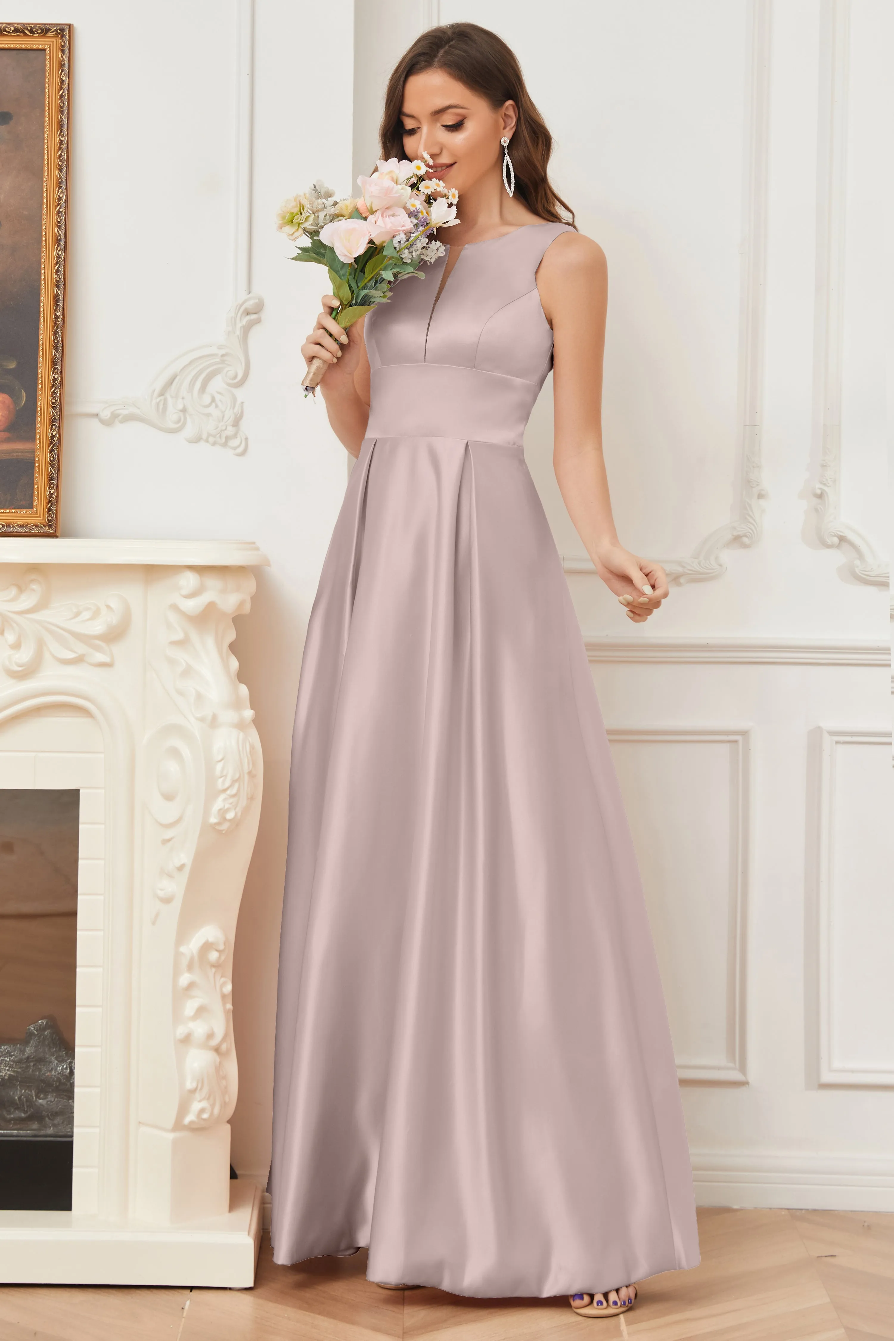 A-line Sleeveless Satin Long Bridesmaid Dresses with Pockets