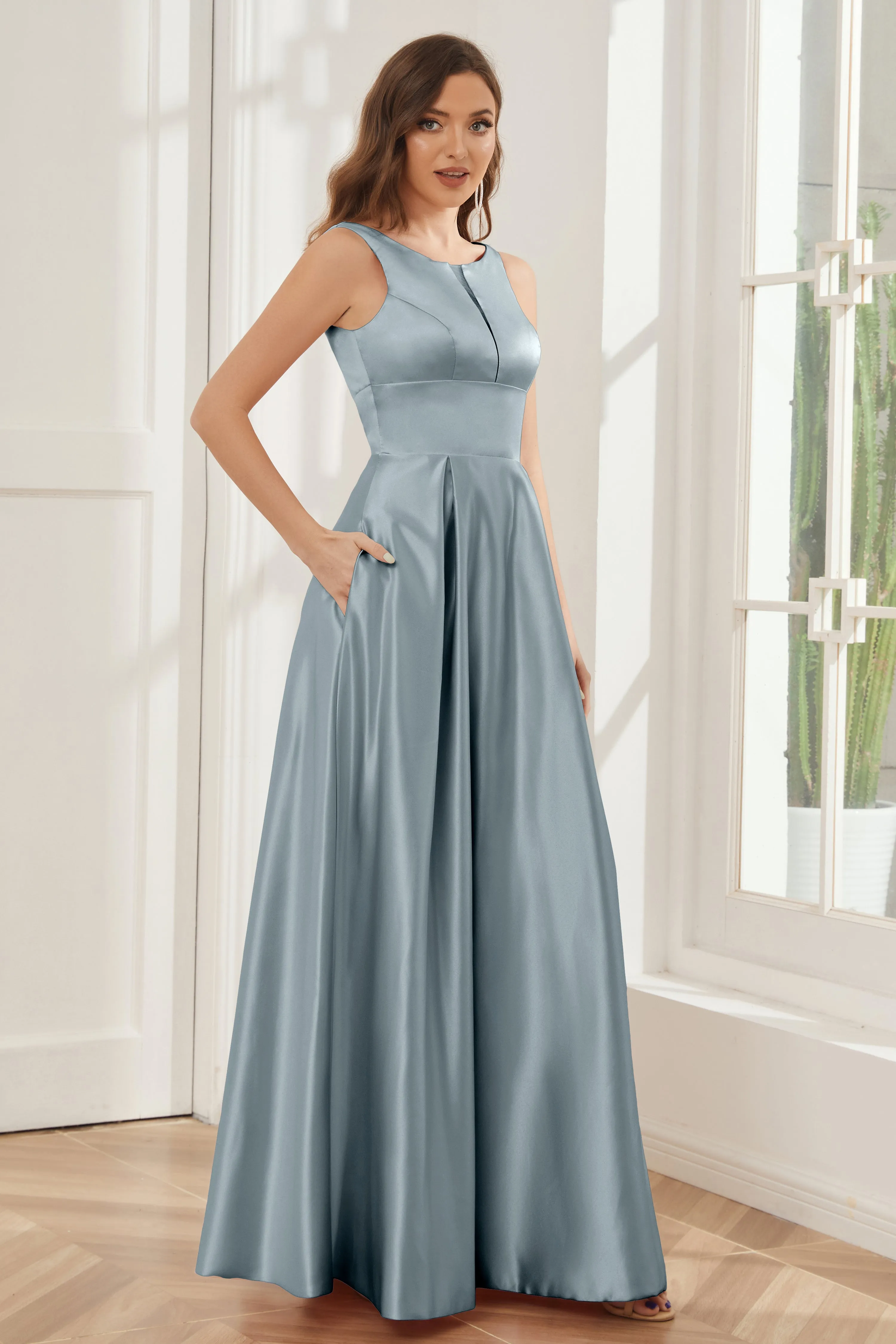 A-line Sleeveless Satin Long Bridesmaid Dresses with Pockets