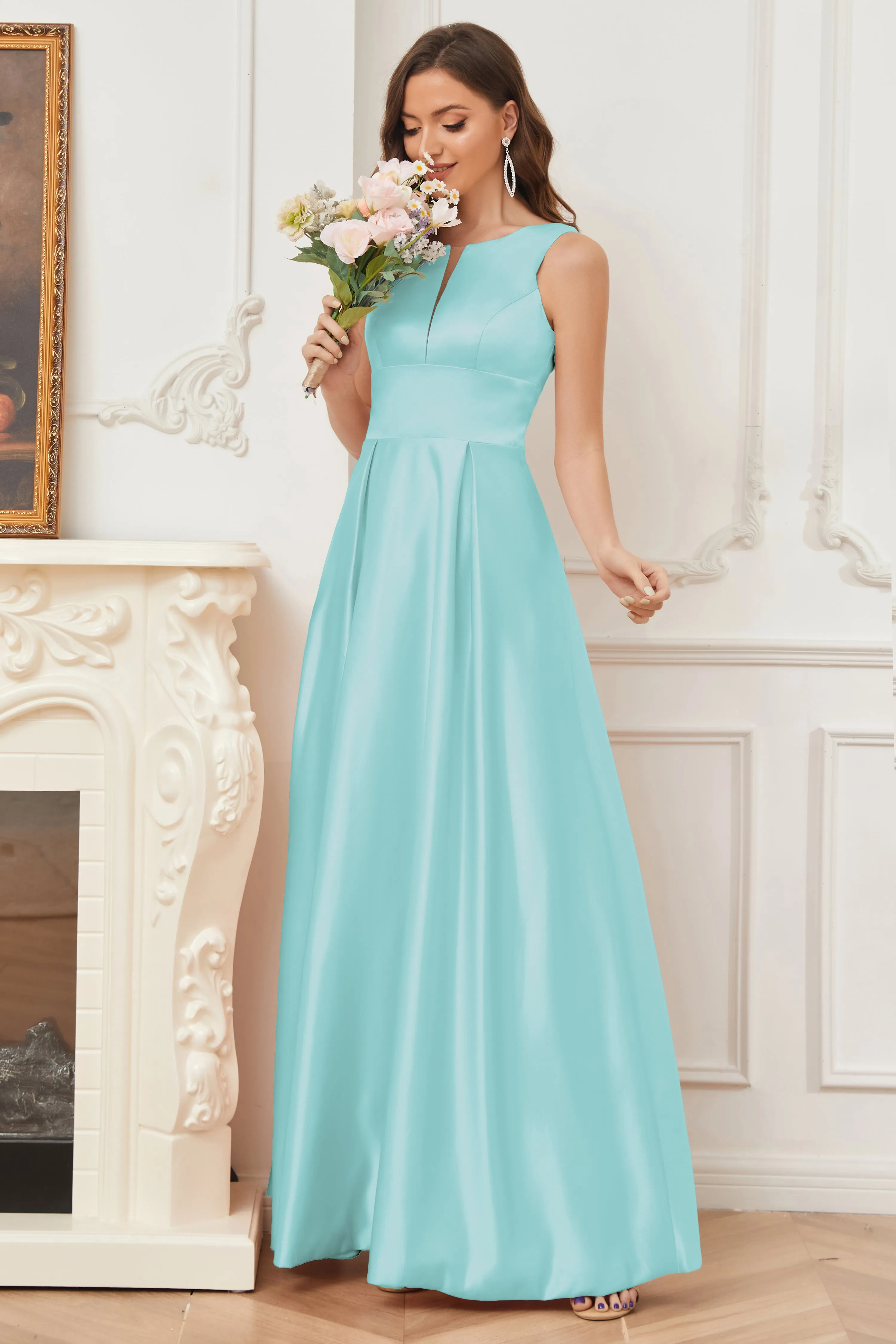 A-line Sleeveless Satin Long Bridesmaid Dresses with Pockets