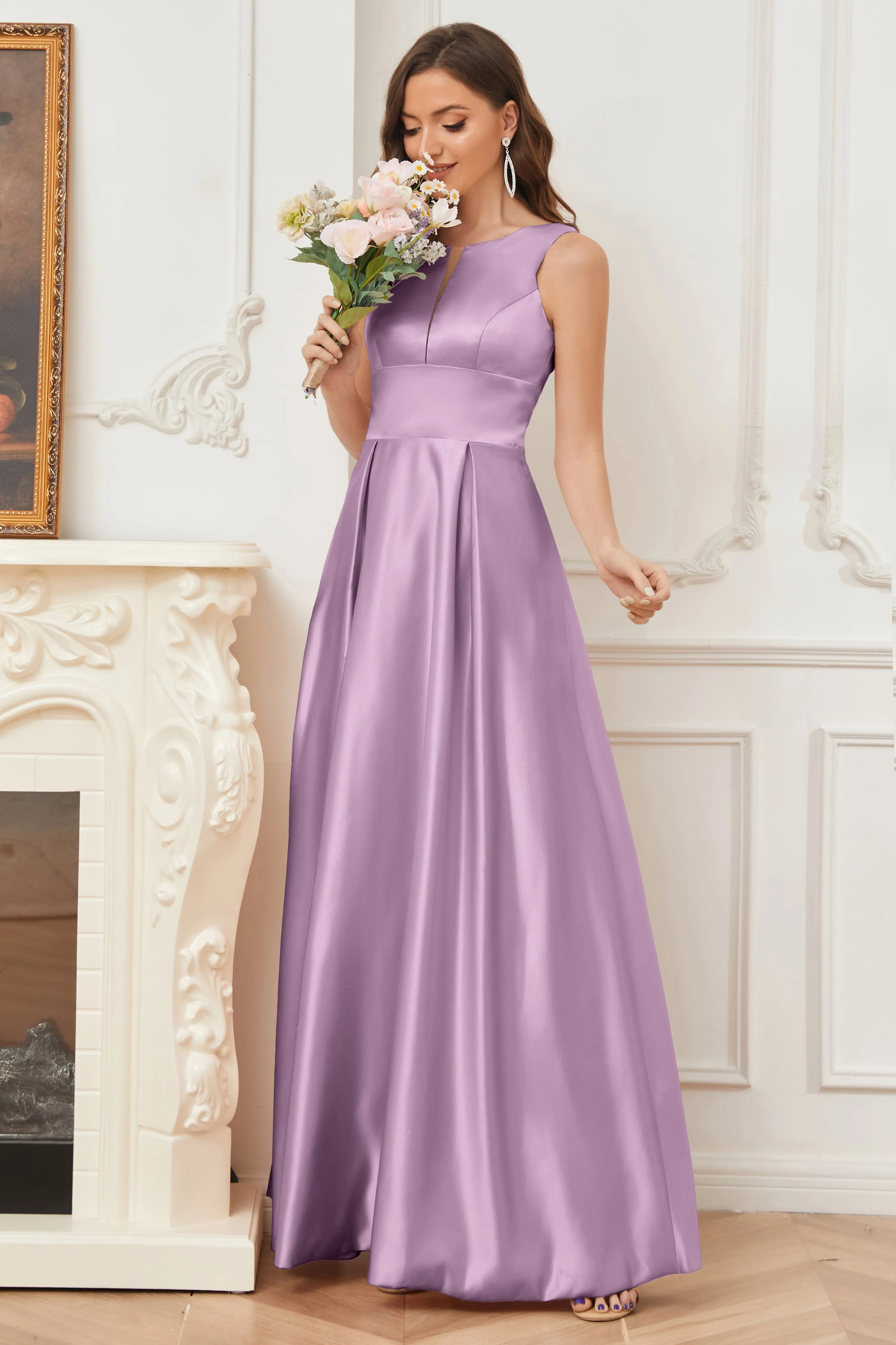 A-line Sleeveless Satin Long Bridesmaid Dresses with Pockets