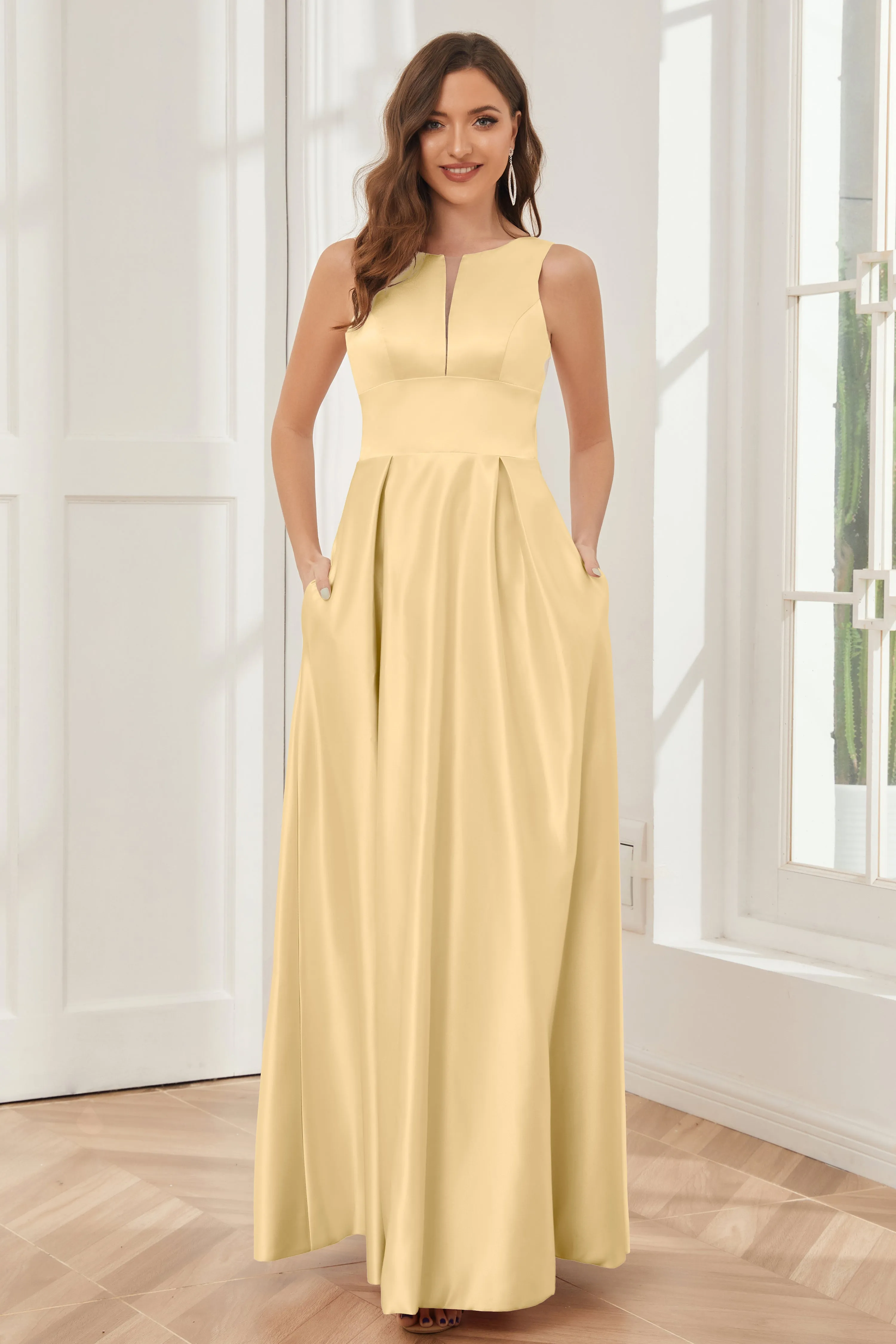 A-line Sleeveless Satin Long Bridesmaid Dresses with Pockets