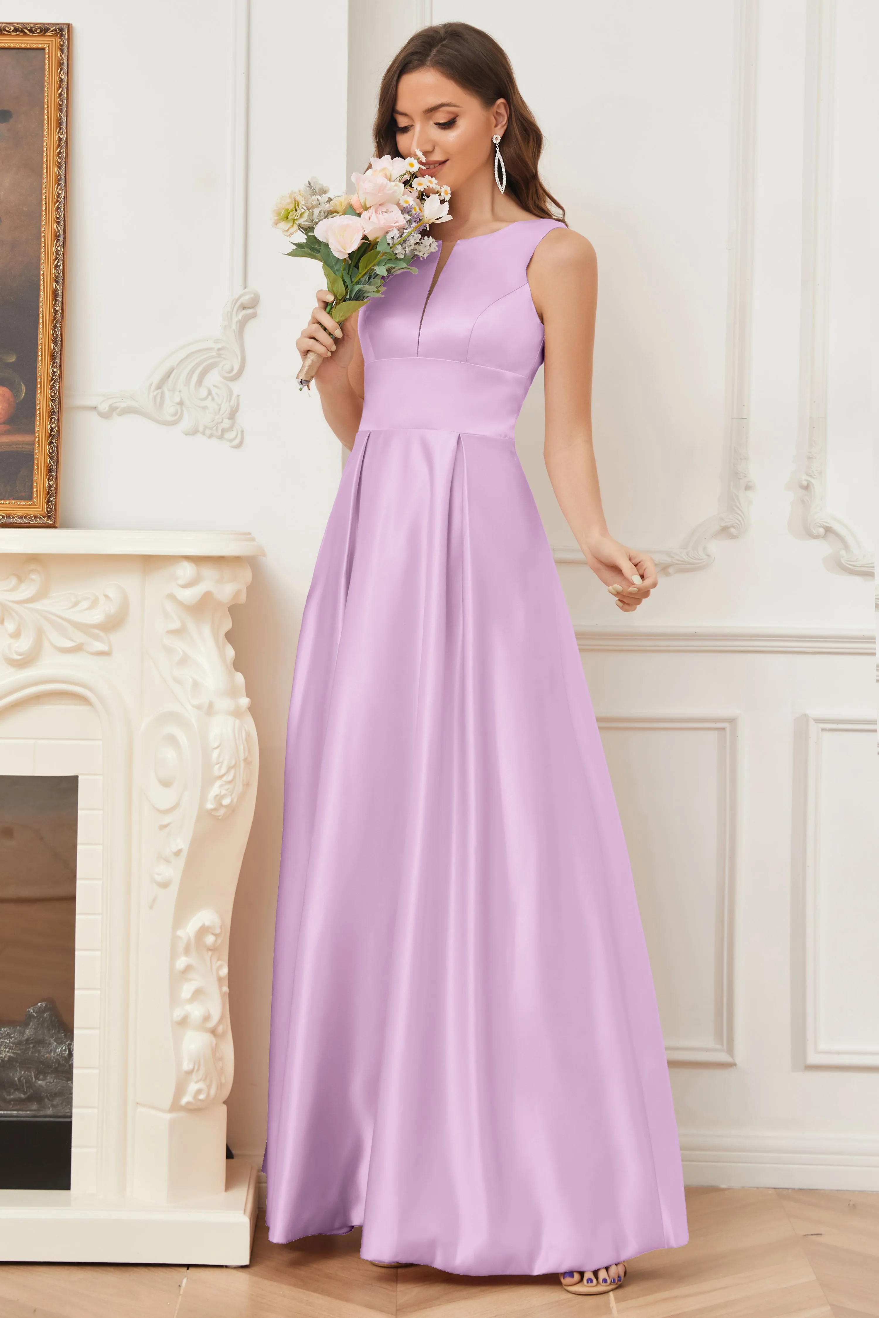 A-line Sleeveless Satin Long Bridesmaid Dresses with Pockets